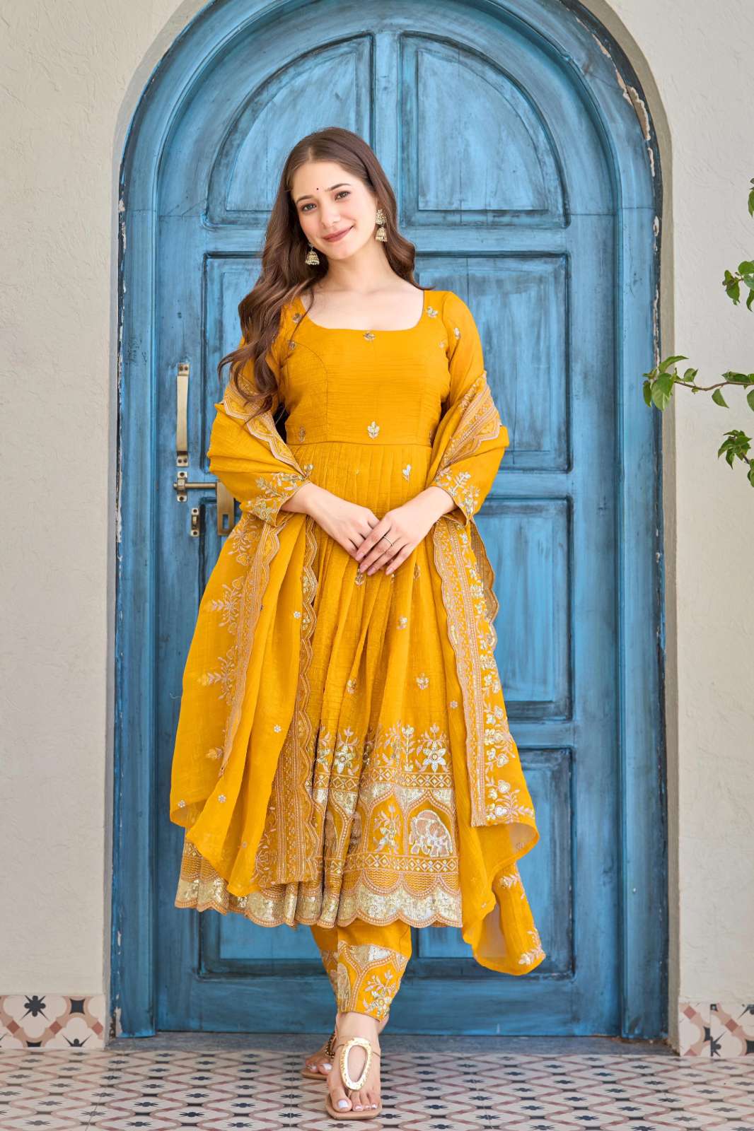 SHRI BALAJI 19996 PREMIUM QUALITY CRUNCY SILK ANARKALI SUIT WITH EMBROIDERY AND SEQUENCE WORK FOR WHOLESELLERS