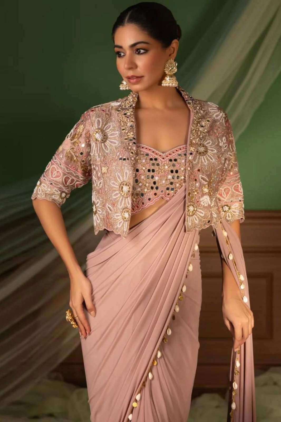 SHRI BALAJI 20121 CREPE SILK READY TO WEAR PARTY WEAR SAREE WITH SEQUENCE EMBROIDERED JACKET FOR WESTERN LOOK