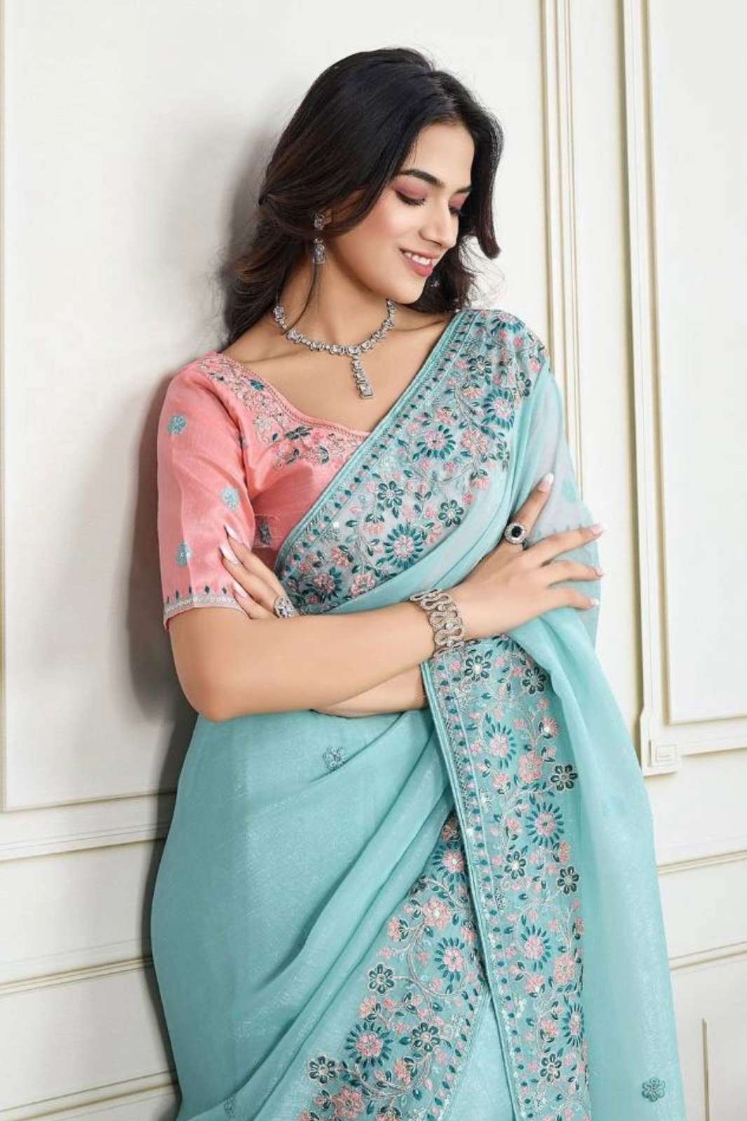 SHRI BALAJI 20189 CRUNCY SILK SAREE WITH ALL OVER EMBROIDERY WORK AND CUTWORK BORDER 