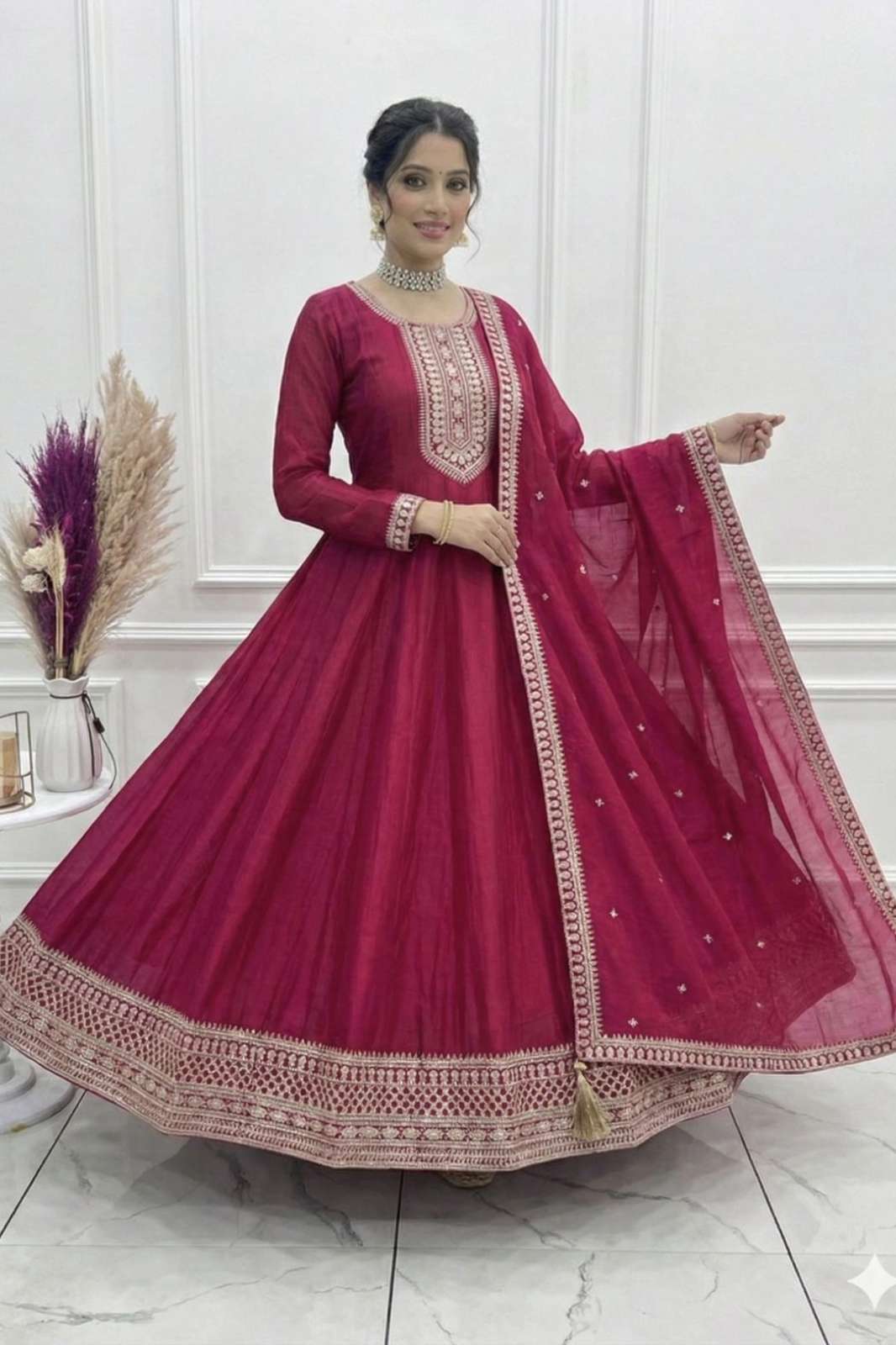 SHRI BALAJI 66 DARK PINK VICHITRA SILK HEAVY EMBELLISHED WORK ANARKALI SUIT 