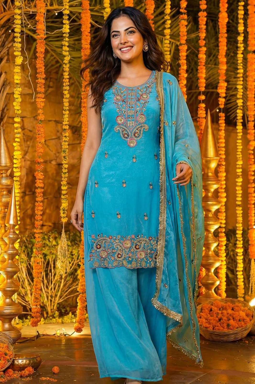 Shri Balaji DV 25312 Fendi silk plazzo suit with thread work sequence work and beads work for Wholeseller
