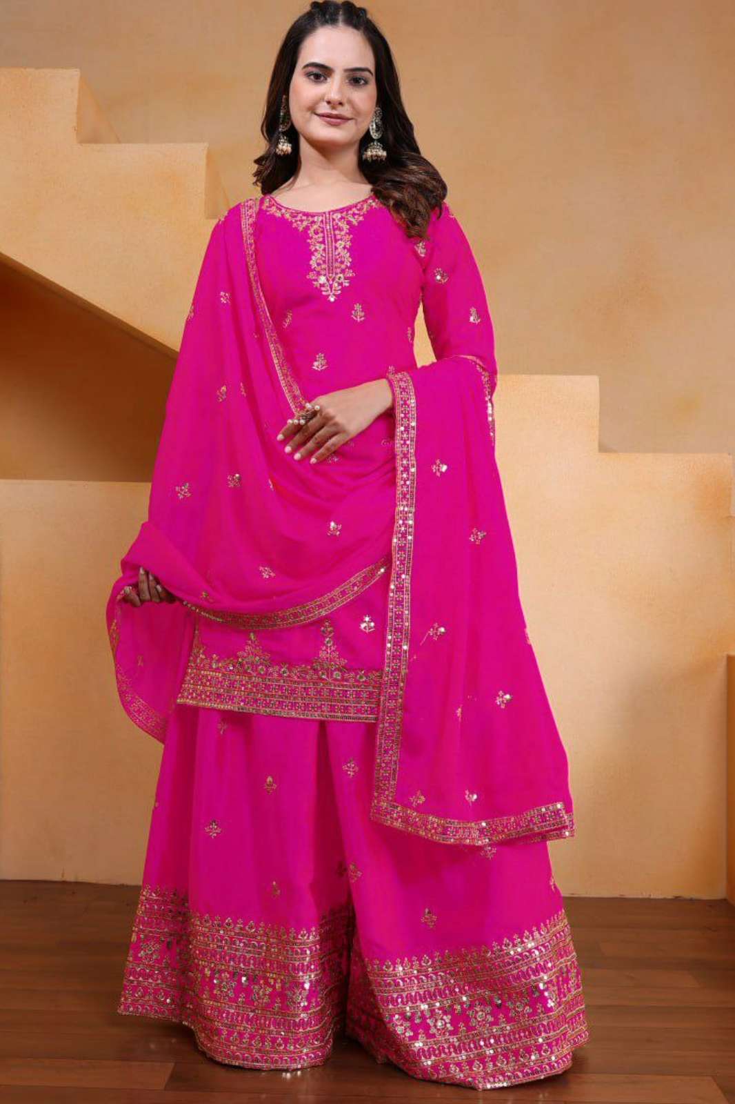 SHRI BALAJI DV  25328 BEAUTIFULLY EMBROIDERED CHINON PLAZZO SUIT WITH SEQUENCE WORK