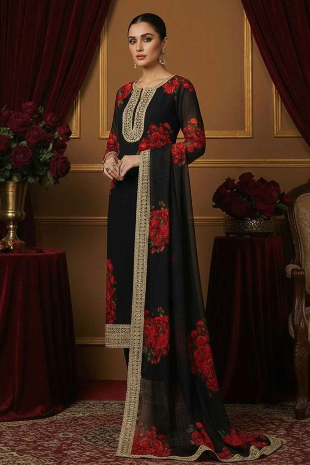 Shri balaji emporium DV 25256 beautiful red digital printed suit with intricate sequence work