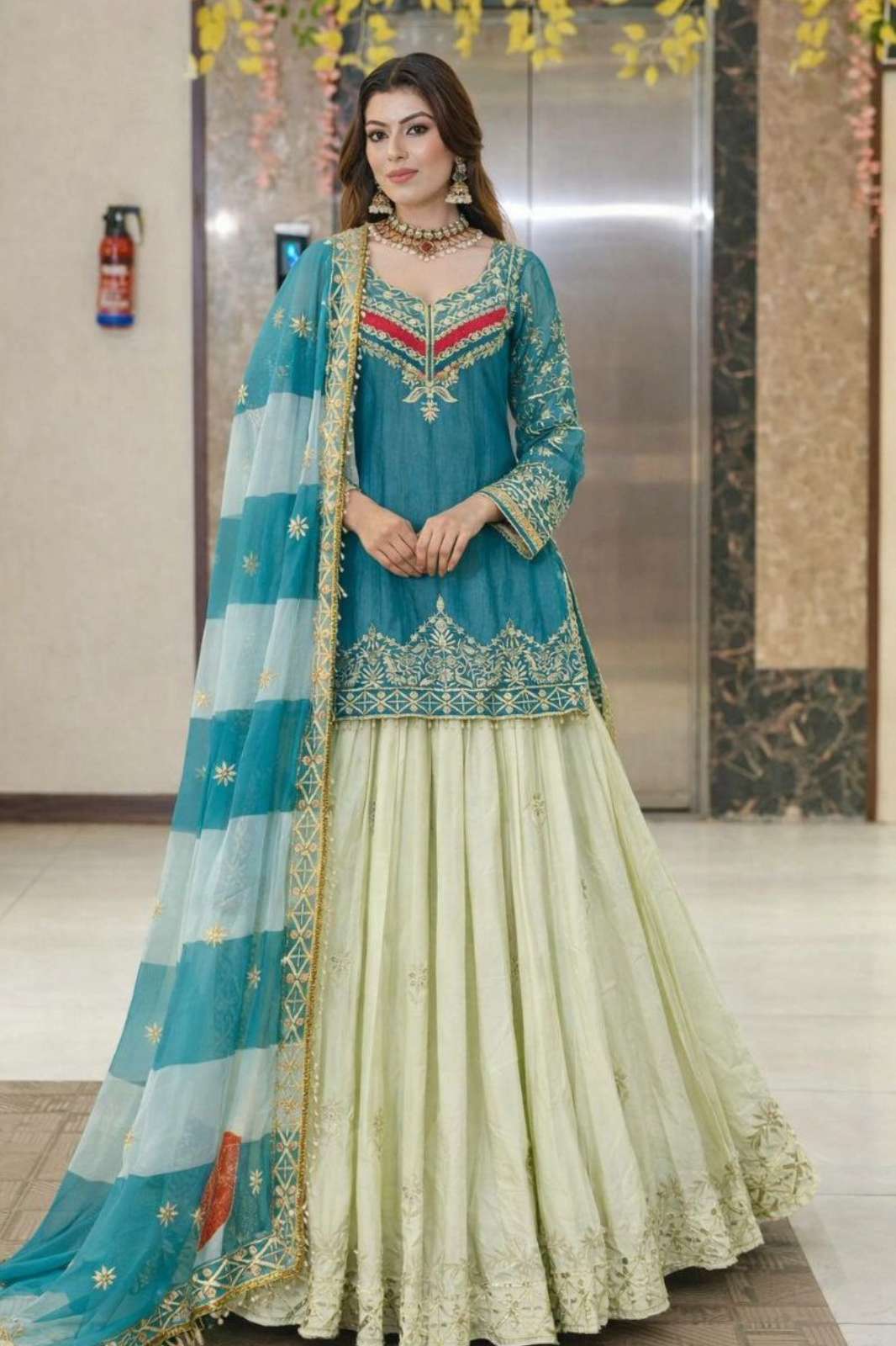 SHRI BALAJI DV 25277 READY TO WEAR EMBROIDERED SILK SHARARA SUIT SET 