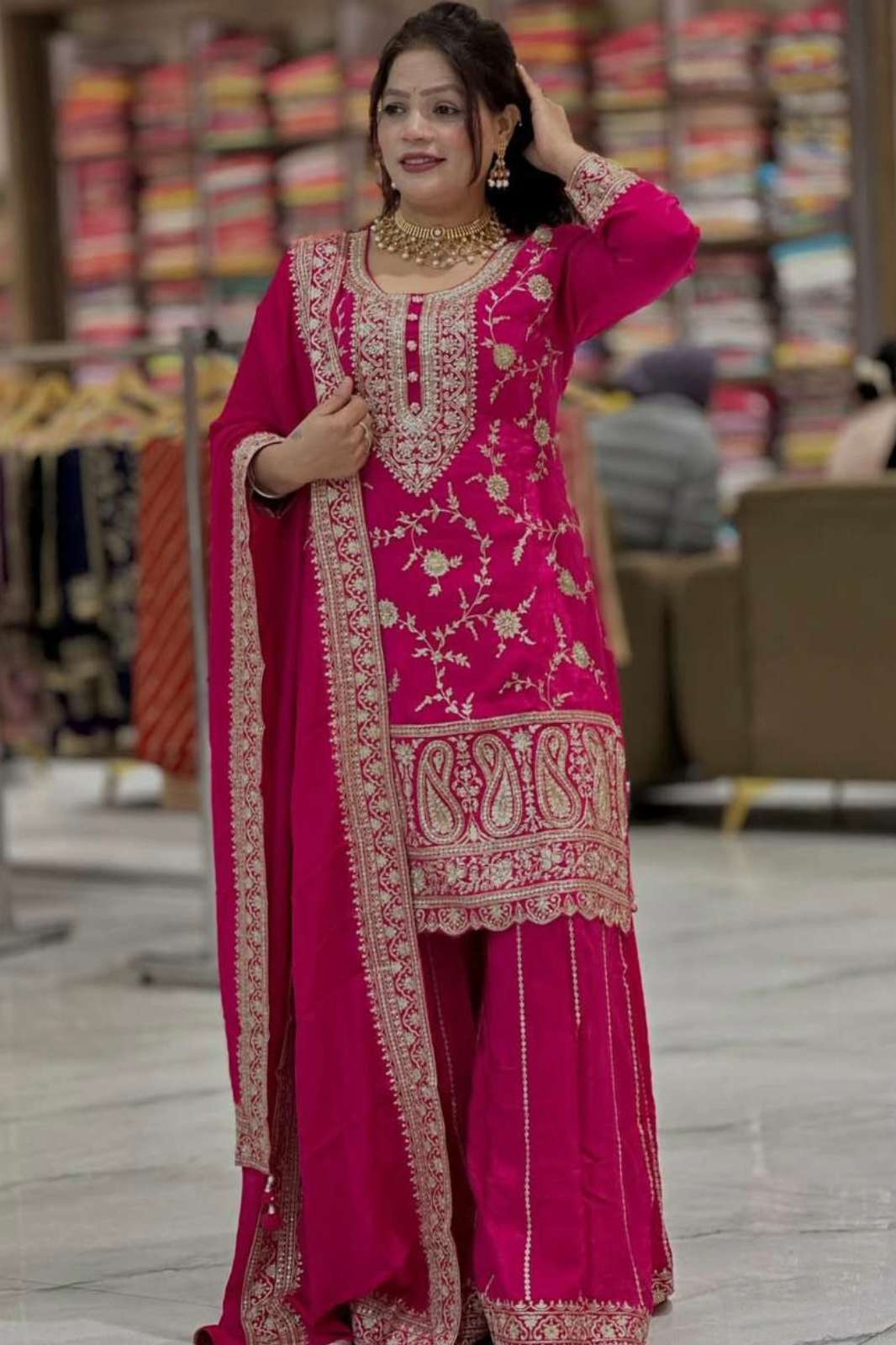 SHRI BALAJI LAUNCHES DESIGNER VILLA DV 25280 READY TO WEAR EMBROIDERED CHINON SILK SUIT 