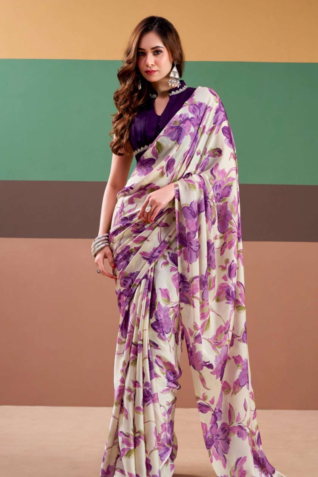 SHRI BALAJI LD 4007 FANCY SATIN SILK FLORAL PRINT SAREE FOR WHOLESELLER