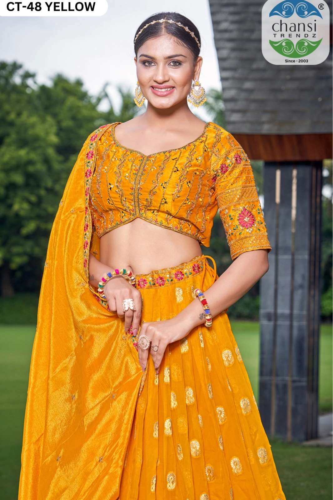 SHRI BALAJI PRESENTS CHANSI TRENDZ CT 48 YELLOW VISCOSE JACQUARD RUSSIAN SILK EMBROIDERED LEHENGA FOR MEHENDI CEREMONY 