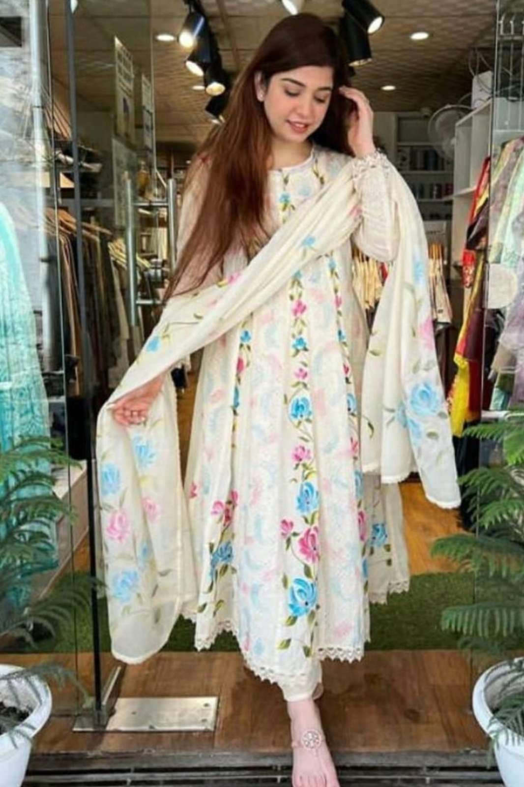 SHRI BALAJI PRESENTS 20040 HAND PAINTED CHIKKAN SHIFFLI COTTON ANARKALI SUIT 