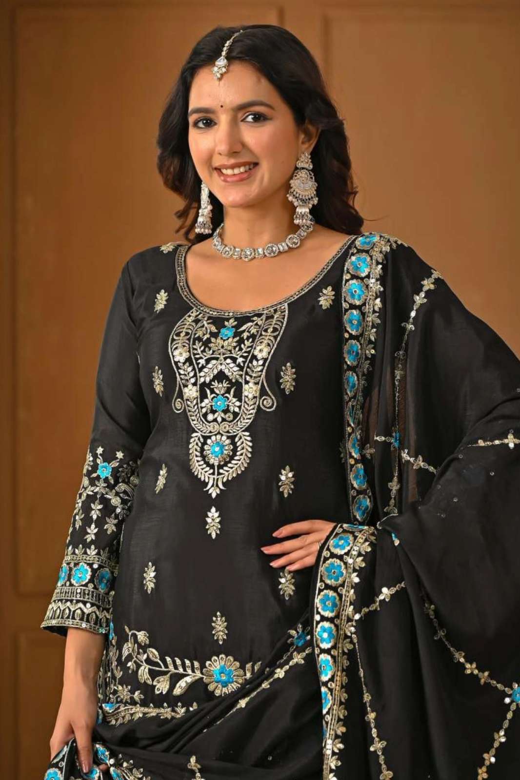 SHRI BALAJI PRESENTS DV 25330 SEQUENCE EMBROIDERED CHINON SHARARA SUIT