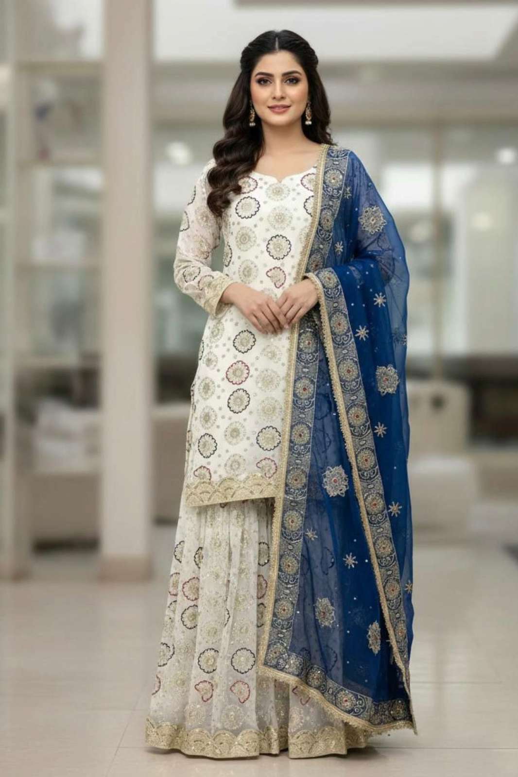 SHRI BALAJI PRESENTS DV 25331 SEQUENCE EMBROIDERED FAUX GEORGETTE PLAZZO SUIT