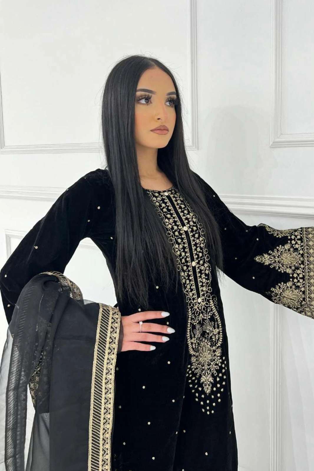 SHRI BALAJI PRESENTS DV 25340 READY TO WEAR SEQUENCE EMBROIDERED VELVET SUIT 