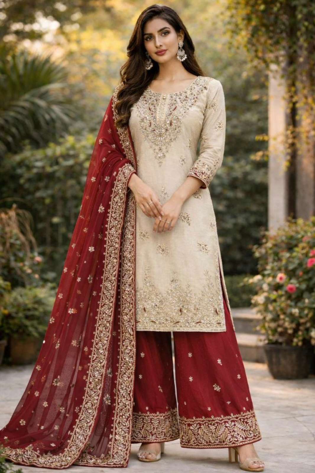 SHRI BALAJI PRESENTS DV 25343 READY TO WEAR MOTI WORK AND EMBROIDERED SILK PLAZZO SUIT