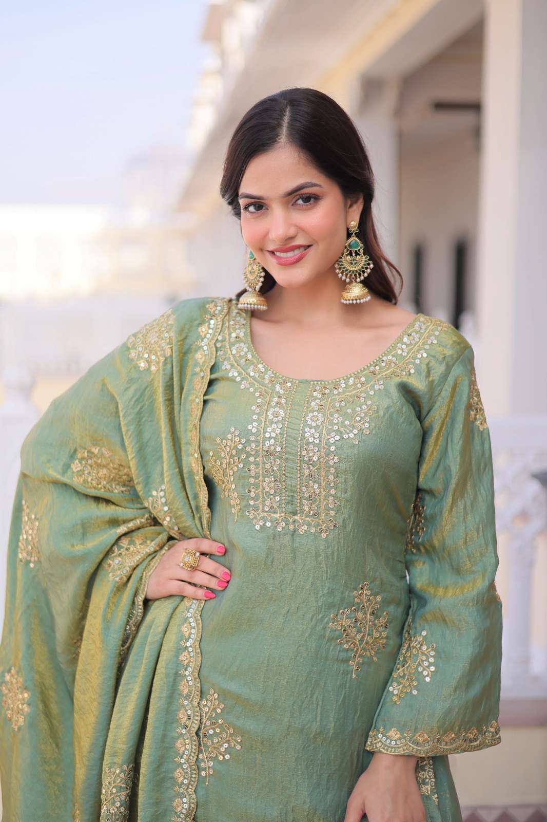 SHRI BALAJI PRESENTS KA 1229 PREMIUM FENDI CRUSH ZARI SEQUENCE WORK READYMADE SHARARA SUIT COLLECTIONS 