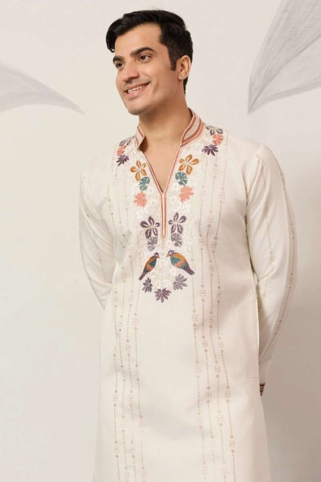 SHRI BALAJI PRESENTS SHUBHVASTRA V NECK VIRAASAT SEQUENCE EMBROIDERED SILK KURTA PAJAMA 