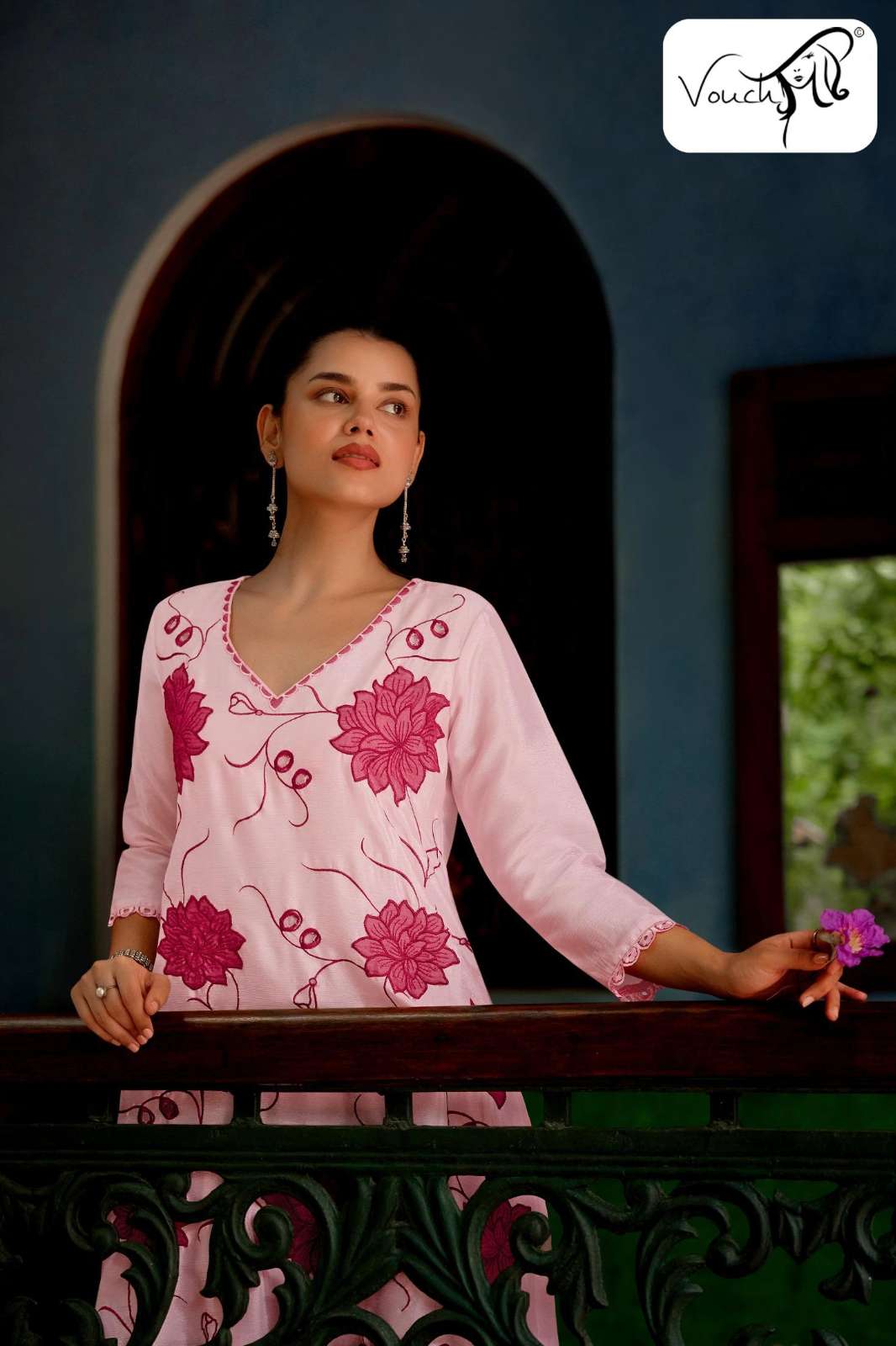 SHRI BALAJI PRESENTS V 185 TO V 188 CHINON  EMBROIDERED APPLIQUE WORK KURTIS FOR WHOLESELLERS 