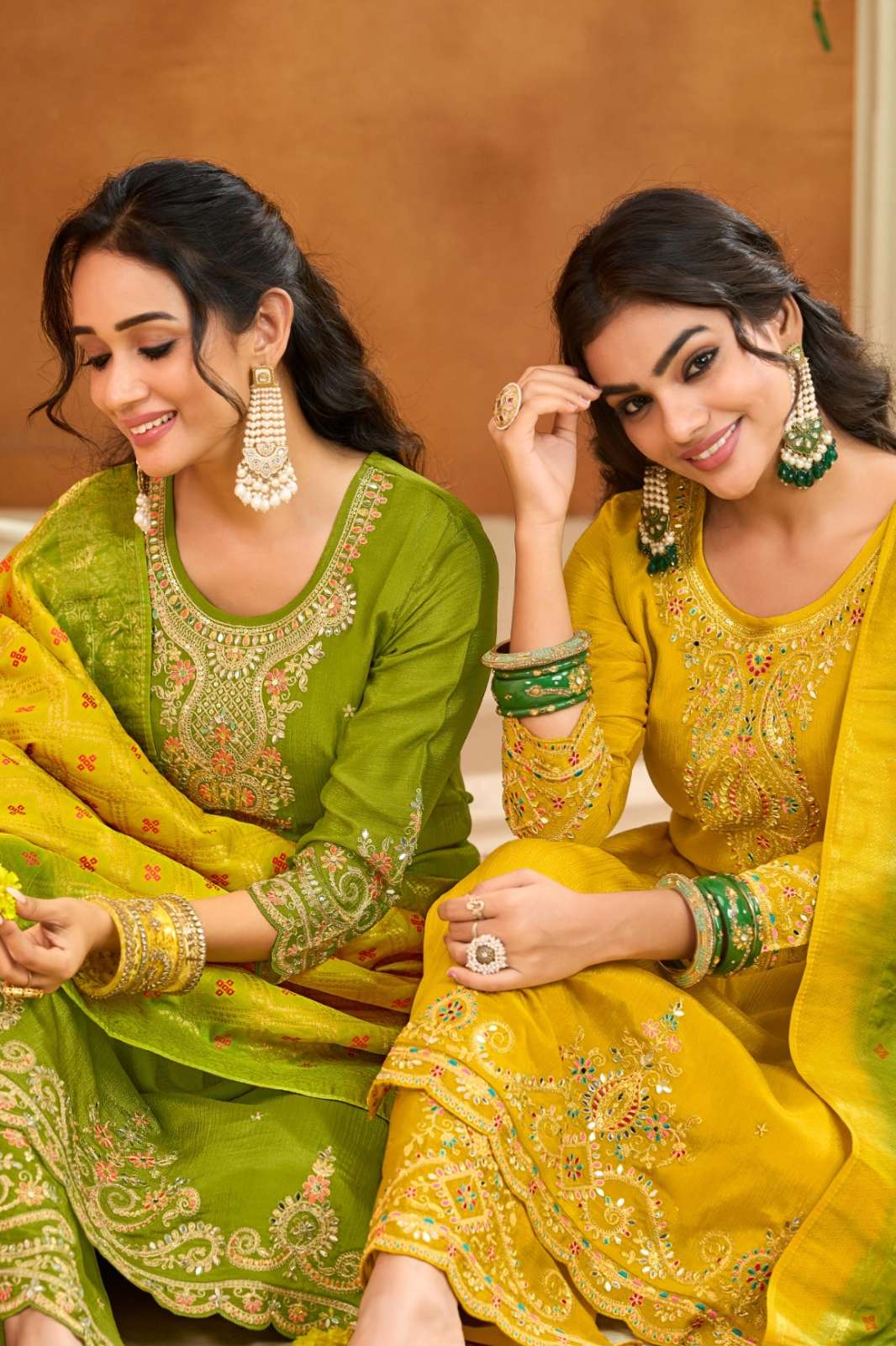 SHRI BALAJI RANGOON HALDI MEHANDI VOL 02 BEAUTFUL EMBROIDERY CODEING AND MIRROR WORK CHINON PLAZZO SUIT 