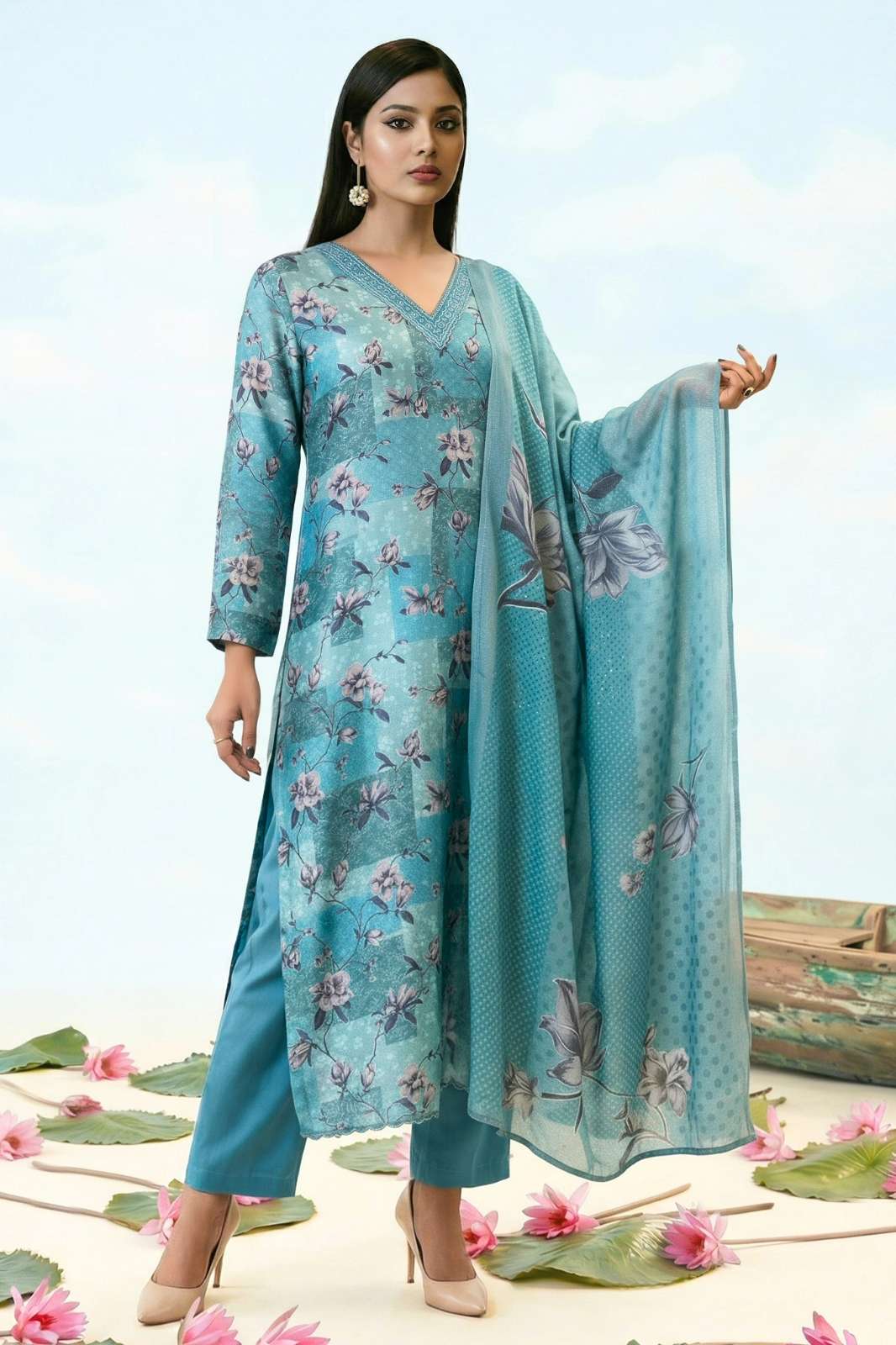 T&M AIZEL BEMBERG MUSLIN SILK DIGITAL PRINT & EMBROIDERED SUIT 