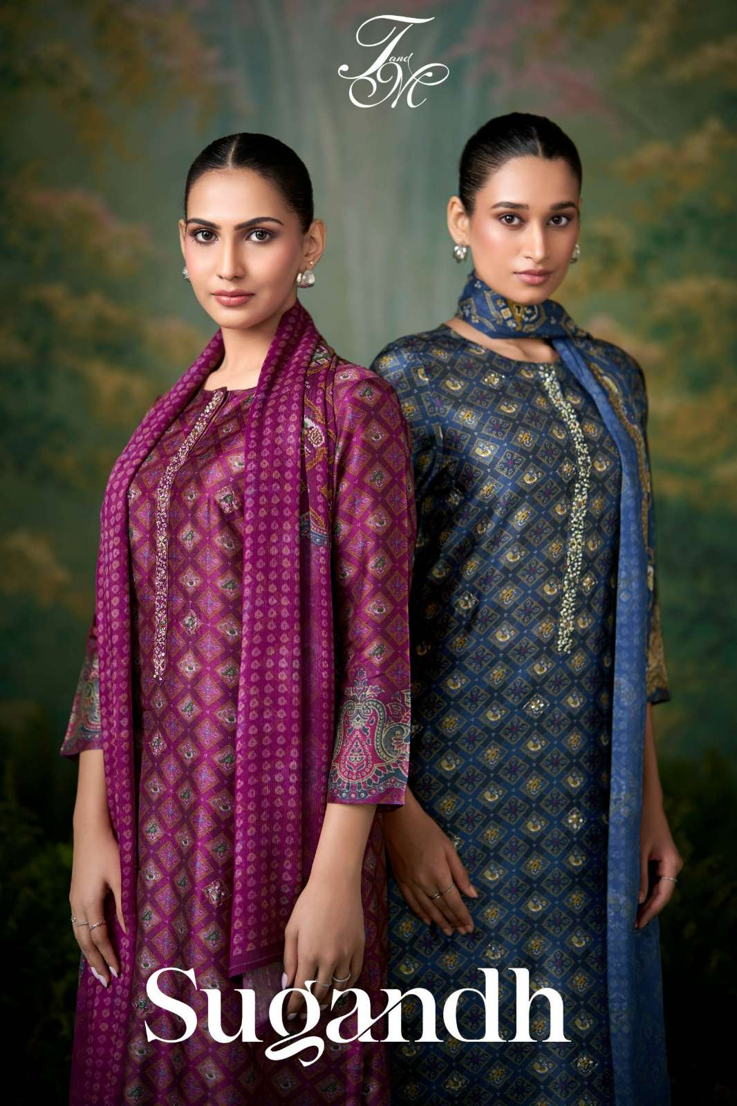 T&M SUGANSHA PURE BEMBERG SILK DIGITAL PRINT & HAND WORK SUIT 