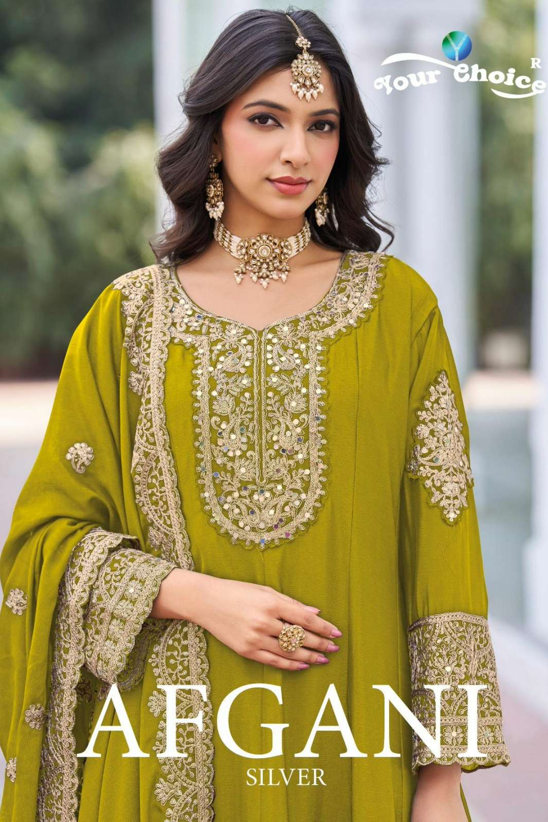 Your choice Afghani Silver Ready to Wear Pure Chinon Embroidered Suit