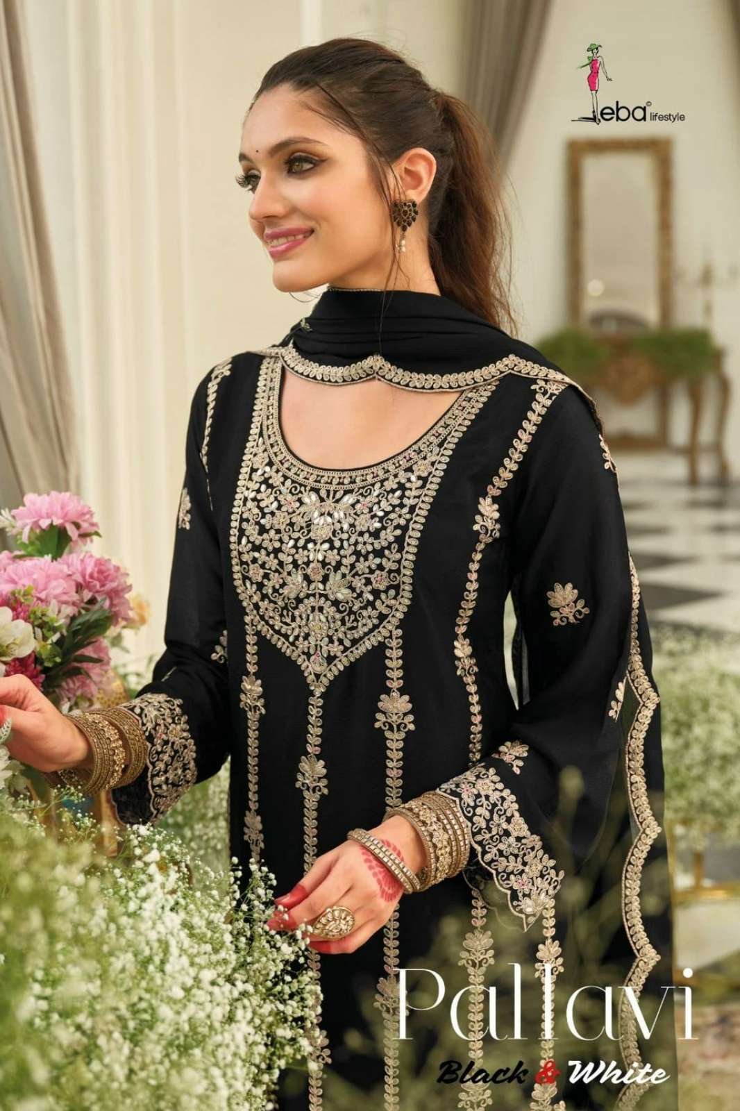 Eba Pallavi Black & White Ready to Wear Chinon Embroidery work Salwar Suit