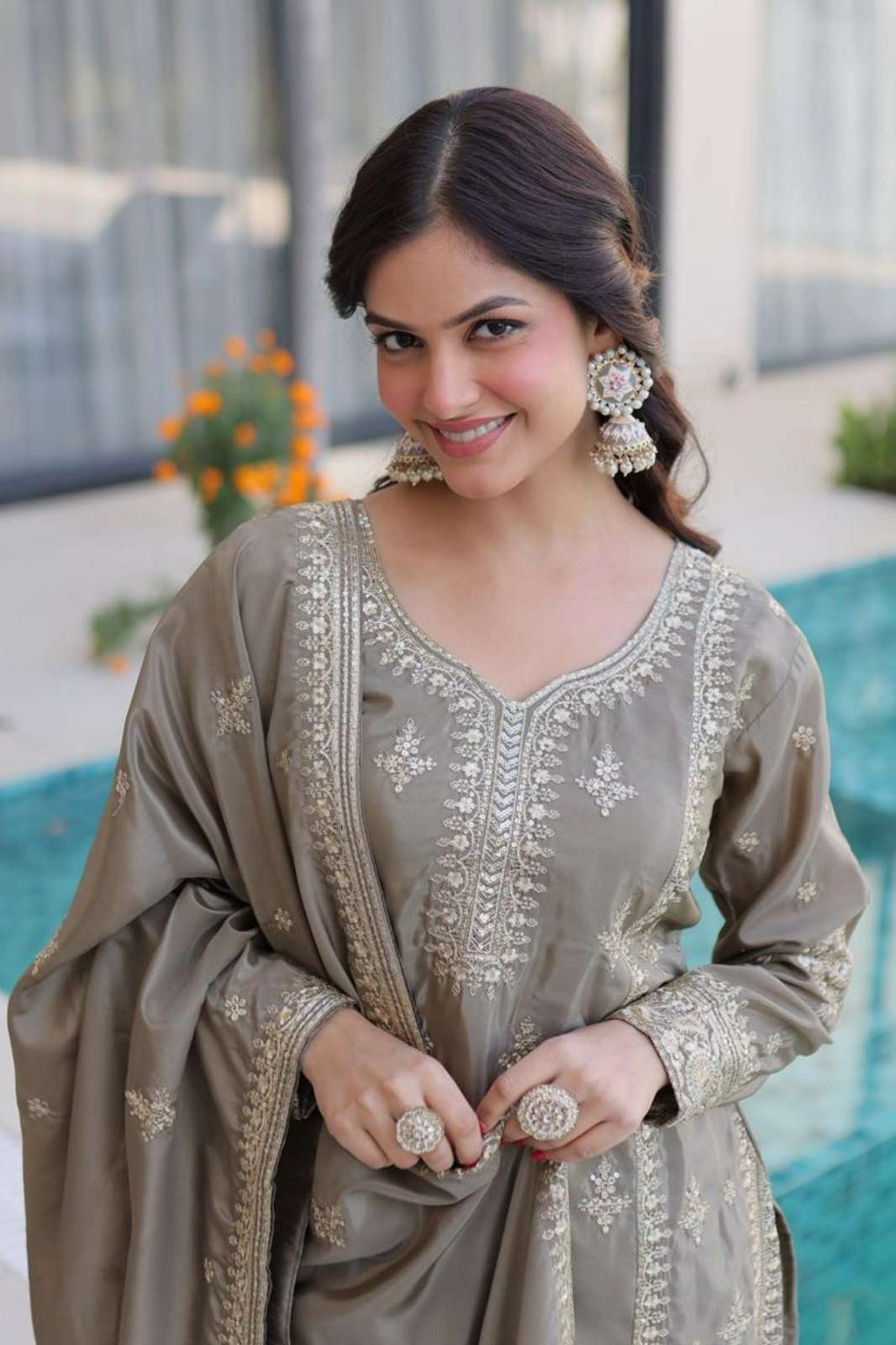 FASHION BAZAAR LW 9318 BEAUTIFUL ZARI AND THREAD EMBROIDERED SILK SUIT 