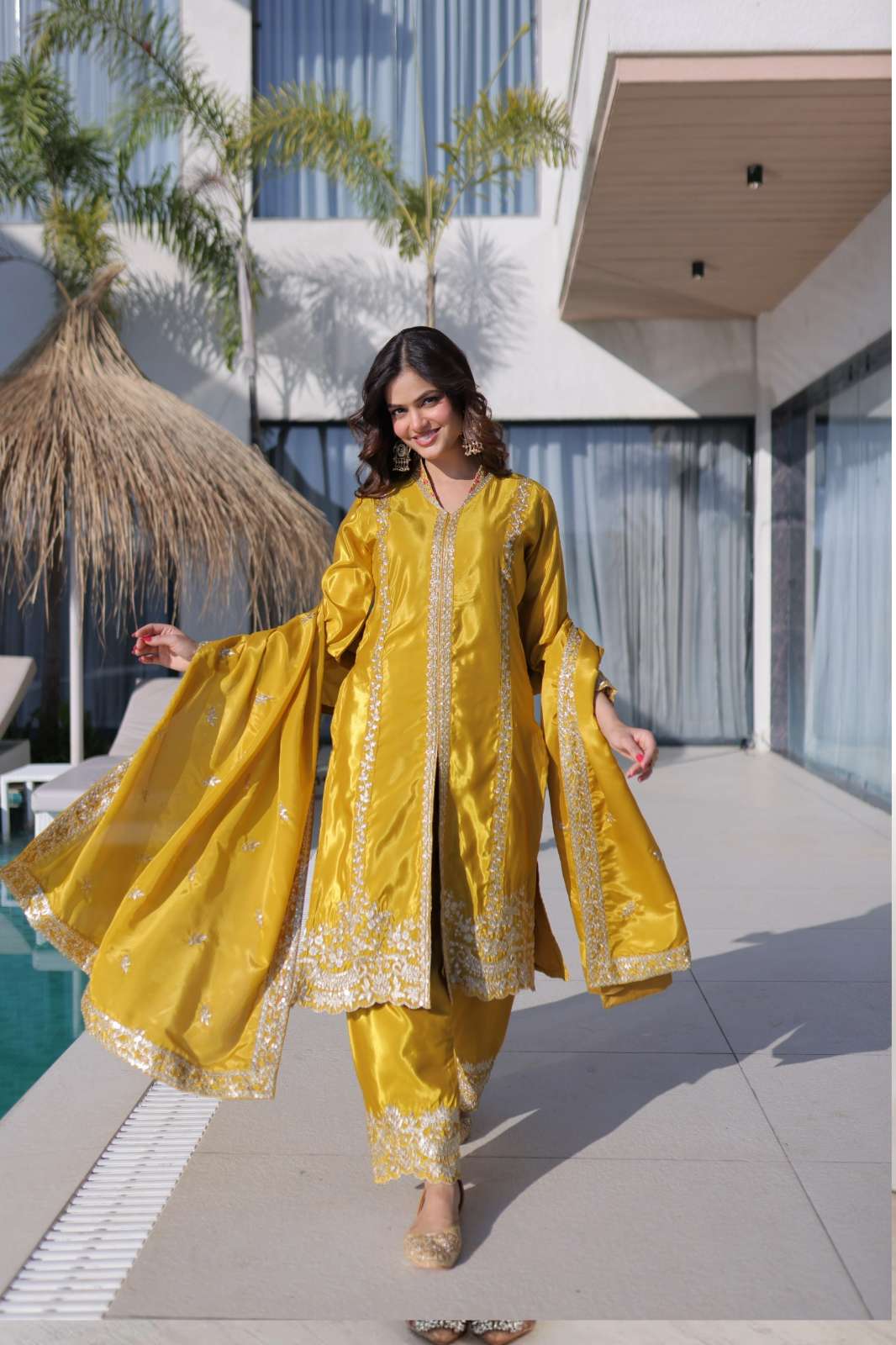 FASHION BAZAAR LW 9322 BEAUTIFUL ZARI AND SEQUENCE EMBROIDERED SILK SUIT