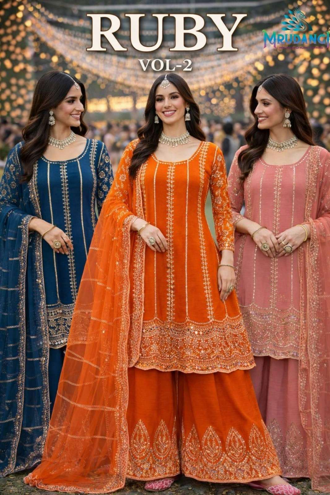 MRUNDANGI RUBY VOL 02 PREMIUM CHINON EMBROIDERED TOP WITH EMBROIDERED PLAZZO AND DUPATTA