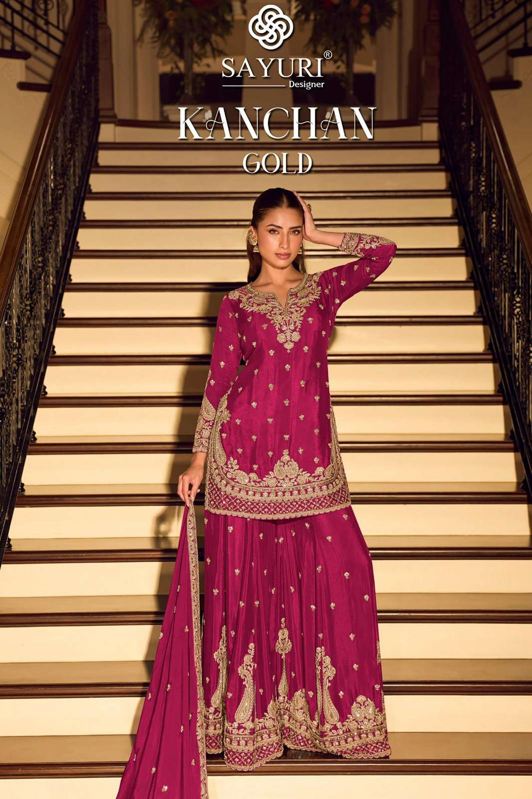 SAYURI PRESENT KANCHAN GOLD CHINON SILK BEADS EMBROIDERED SHARARA SUIT COLLECTION 