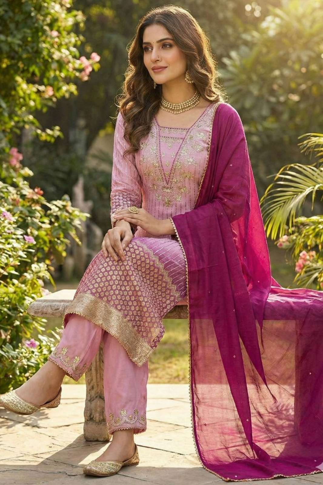 SHRI BALAJI DV 25359 READY TO WEAR CHINON FABRIC SUIT PRINTED WITH SEQUENCE EMBROIDERY BORDAR LACE WORK