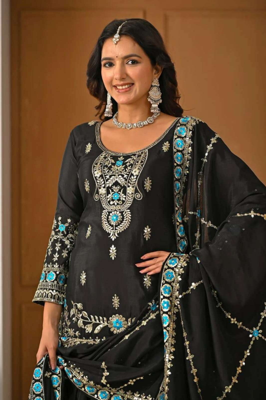  SHRI BALAJI DV 25368 READY TO WEAR SEQUENCE EMBROIDERED SILK PLAZZO SUIT 