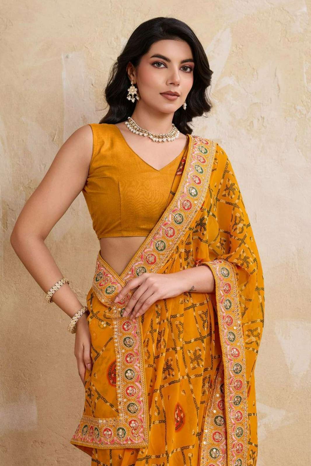 Shri Balaji Emporium 20330  premium Soft Georgette fabric with Bandhej Print With cutwork Lace Border