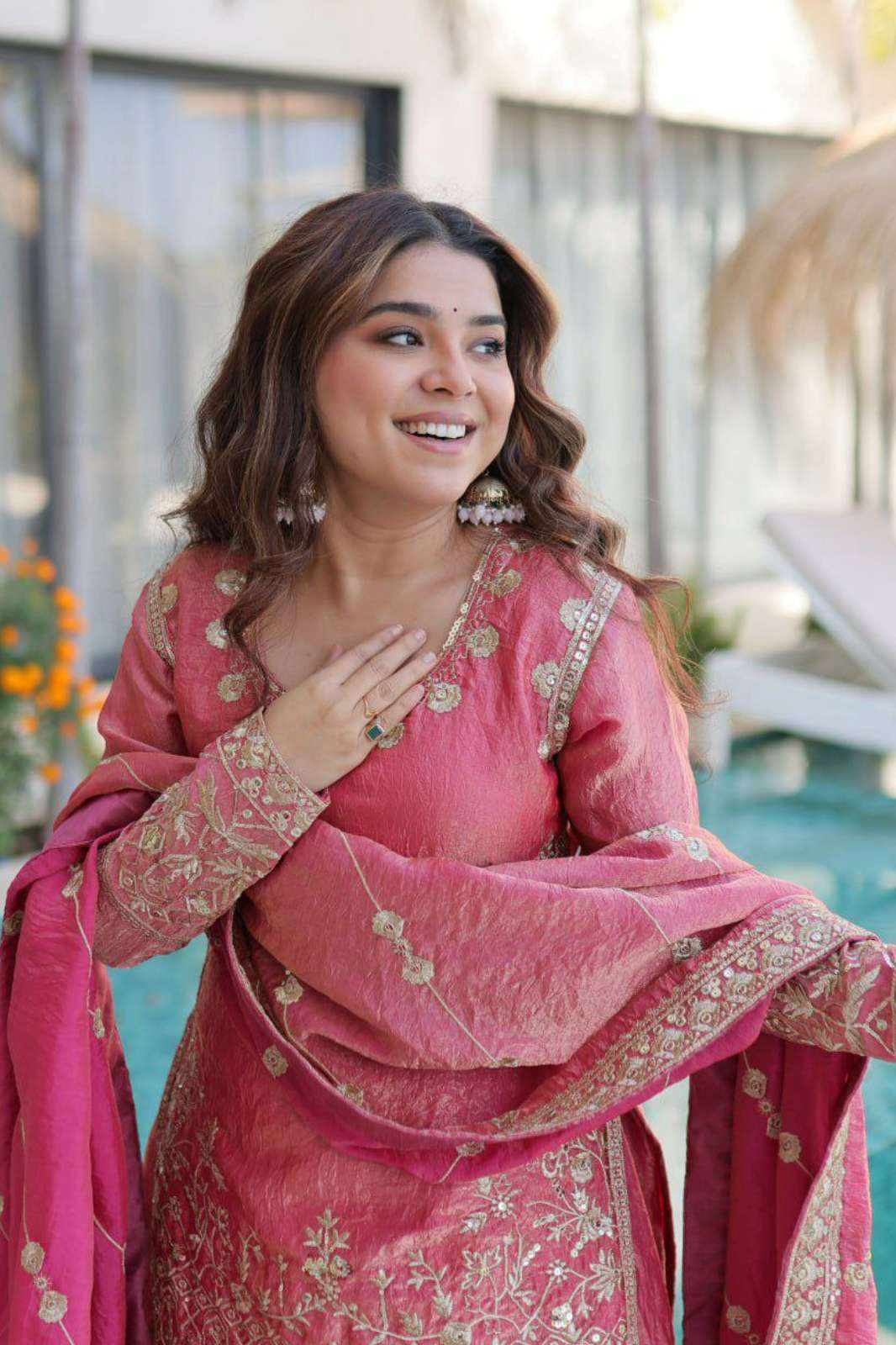 Shri Balaji Emporium DV 25349 READY TO WEAR FENDI CRUSH ZARI AND SEQUENCE EMBROIDERED PAKISTANI STYLE PLAZZO SUIT 