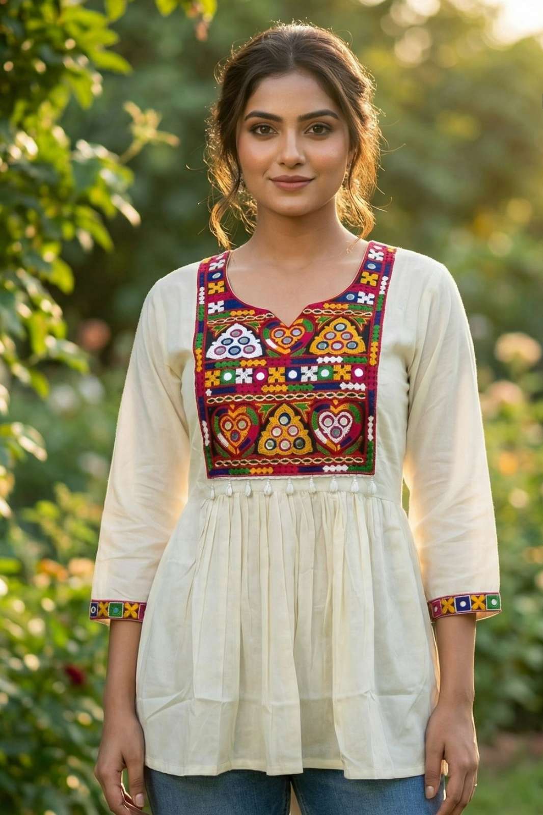 Shri Balaji Emporium Gamthi Tops Rayon fabric kodhi and gamthi work kurtis