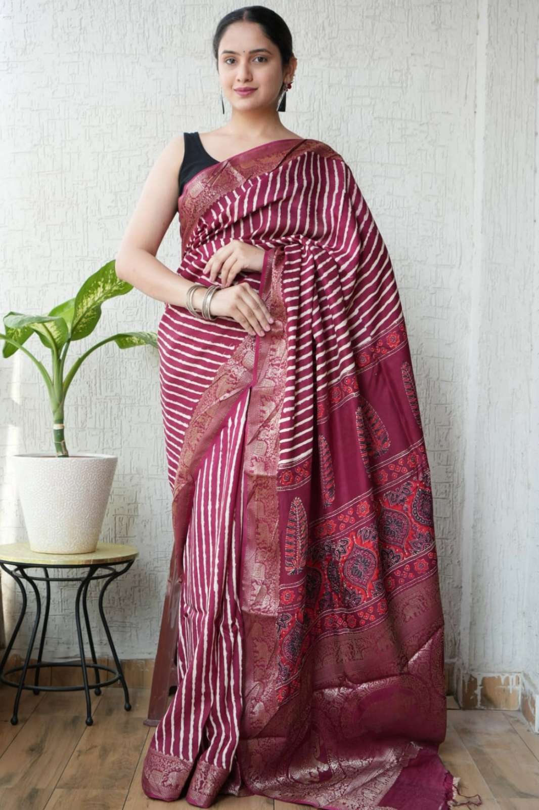 Shri Balaji Emporium RF 20102 Hand Block Ajarkh Printed Dola Silk Saree