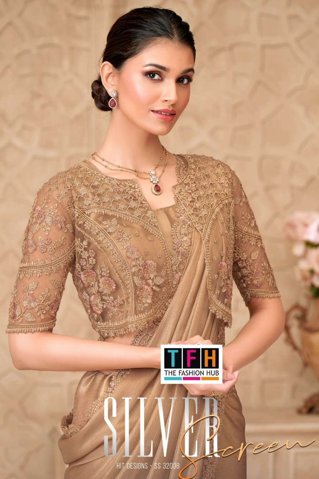 Shri Balaji Emporium SILVER SCREEN 32008 Hit Gold shimmer Satin Georgette Saree