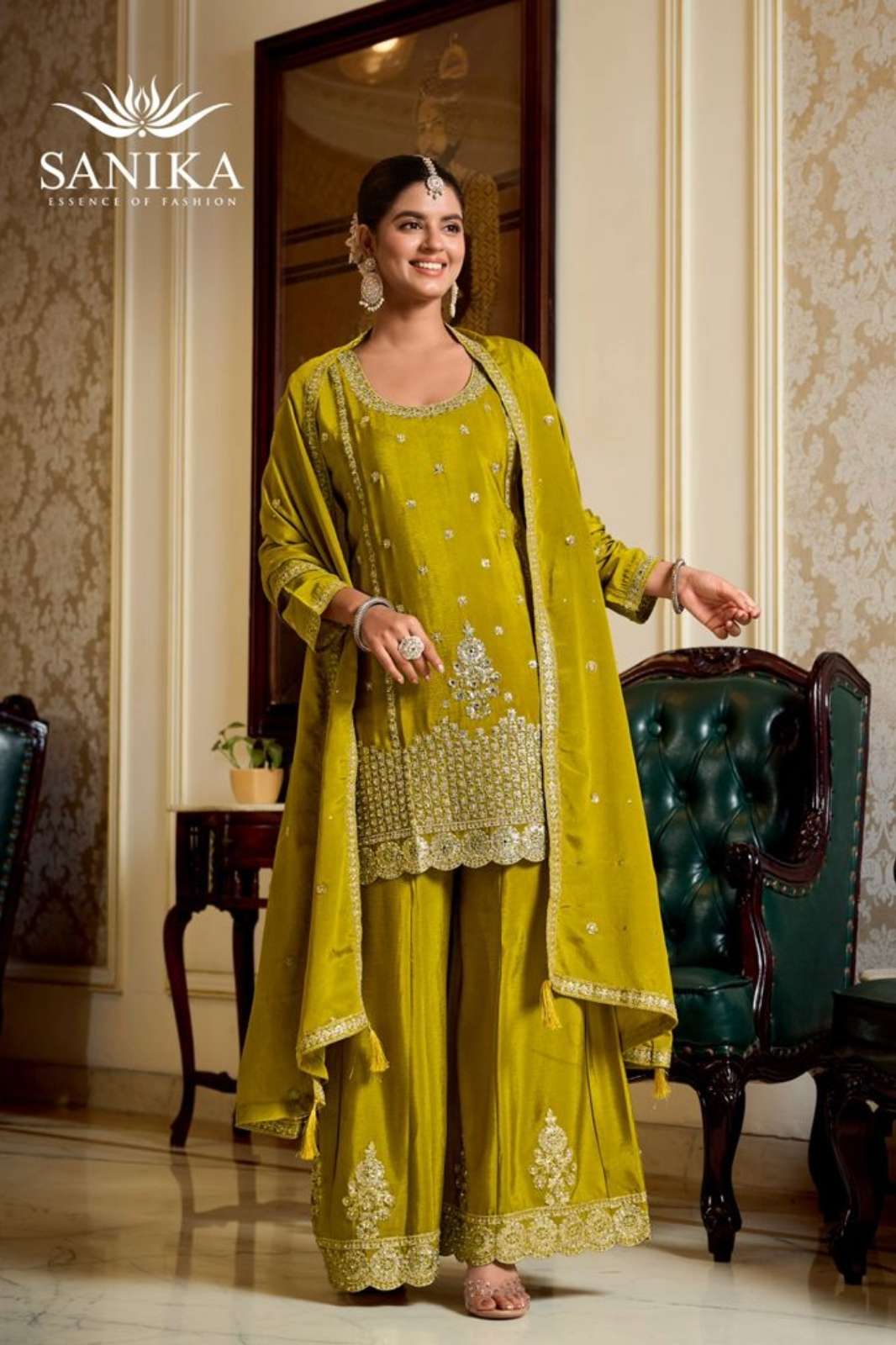SHRI BALAJI PRESENTS SF MYRA STUNNING HAND EMBROIDERED CHINON SILK SUIT EMBELLISHED WITH MIRROR AND STONES