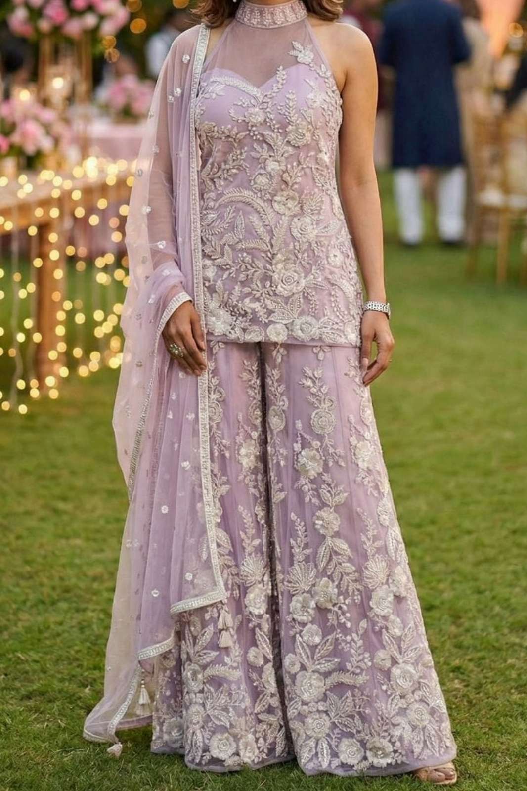 SHRI BALAJI PRESENTS VIDHYA PREMIUM EMBROIDERED NET WITH HALTER NECK PLAZZO SUIT 