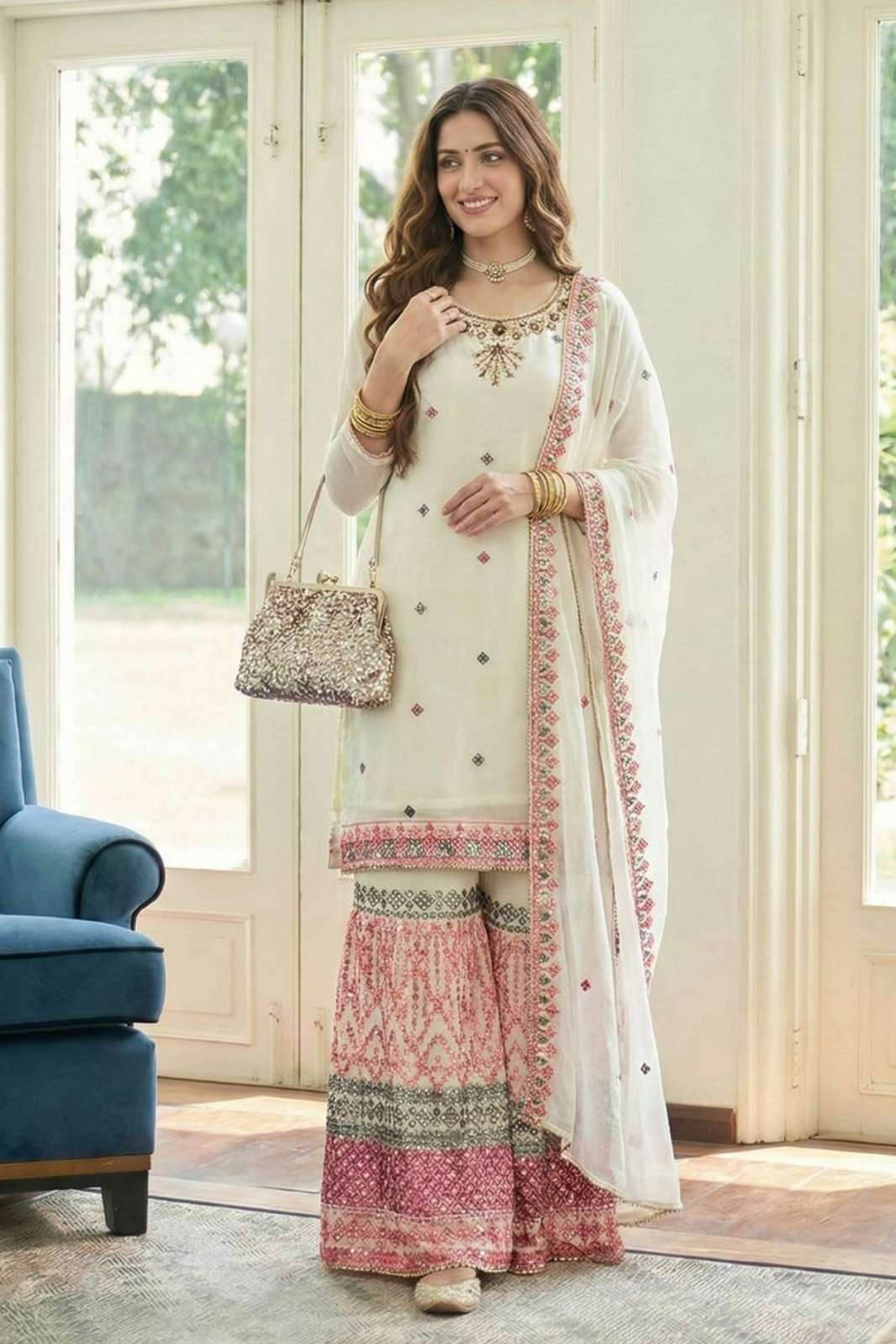 ALIZEH SERIES 7077 to 7078 Embroidered Multi Thread And Sequins And Khatli Work Sharara Suit  