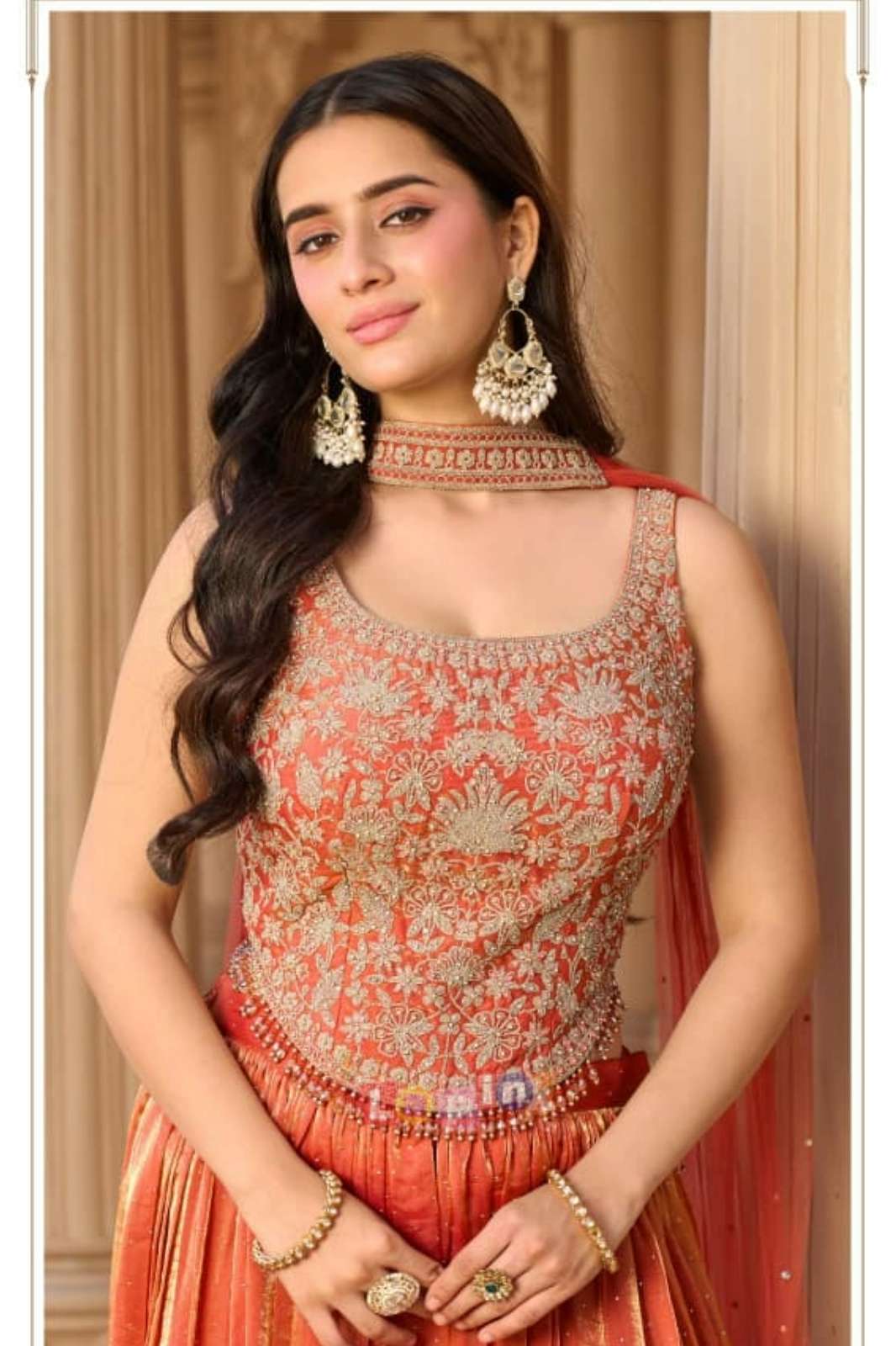 Lapink 21234 Ready to Wear Fendi fabric Embroidered with stones work designer top with Diviader set 