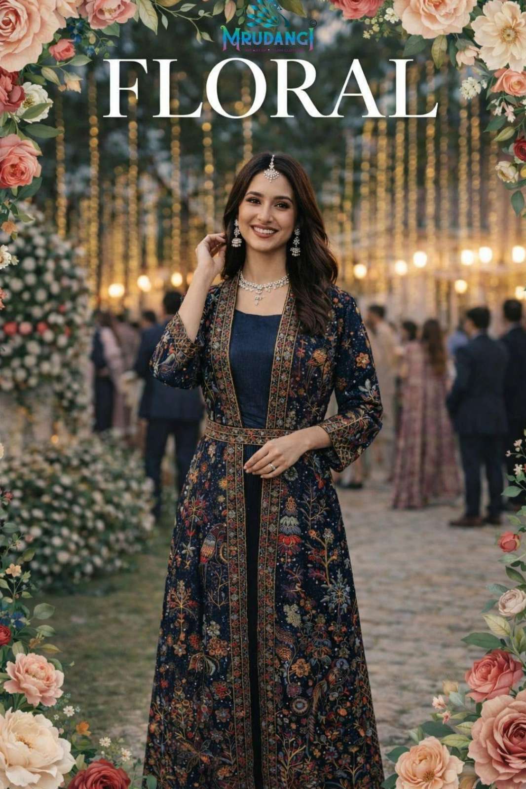 MRUDANGI PRESENT FLORAL REAL CHİNON SILK EMBROIDERED JACKET AND CHINON SILK GOWN  