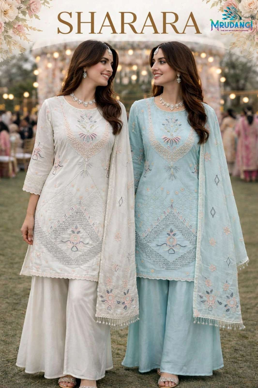 MRUDANGI PRESENT SHARARA REAL GEORGETTE HEAVY EMBROIDERED MOTI WORK SHARARA SUIT 