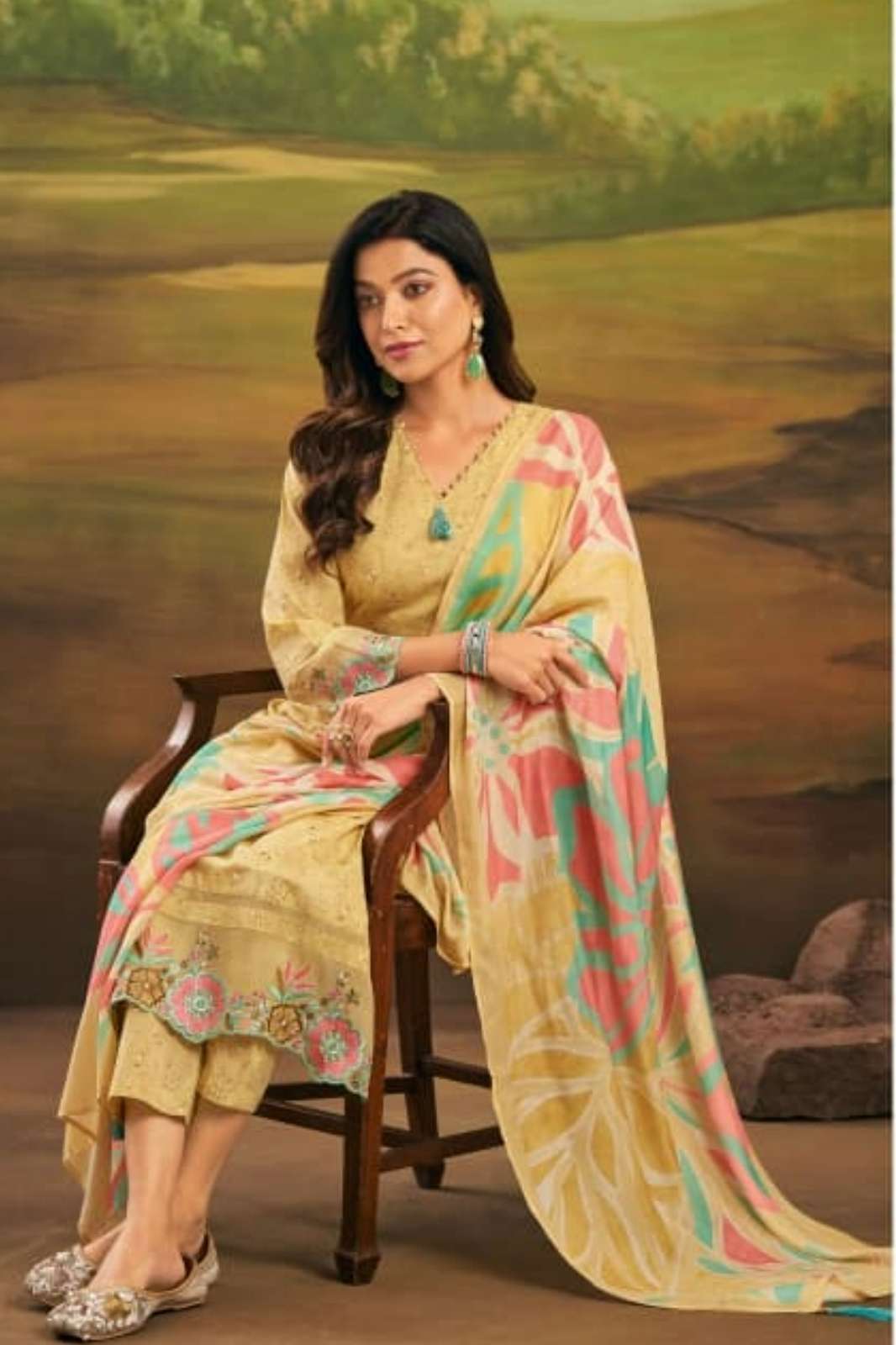 REYNA BUNAI PURE COTTON BLOCK PRINTED WORK SUIT WITH TASSELS 