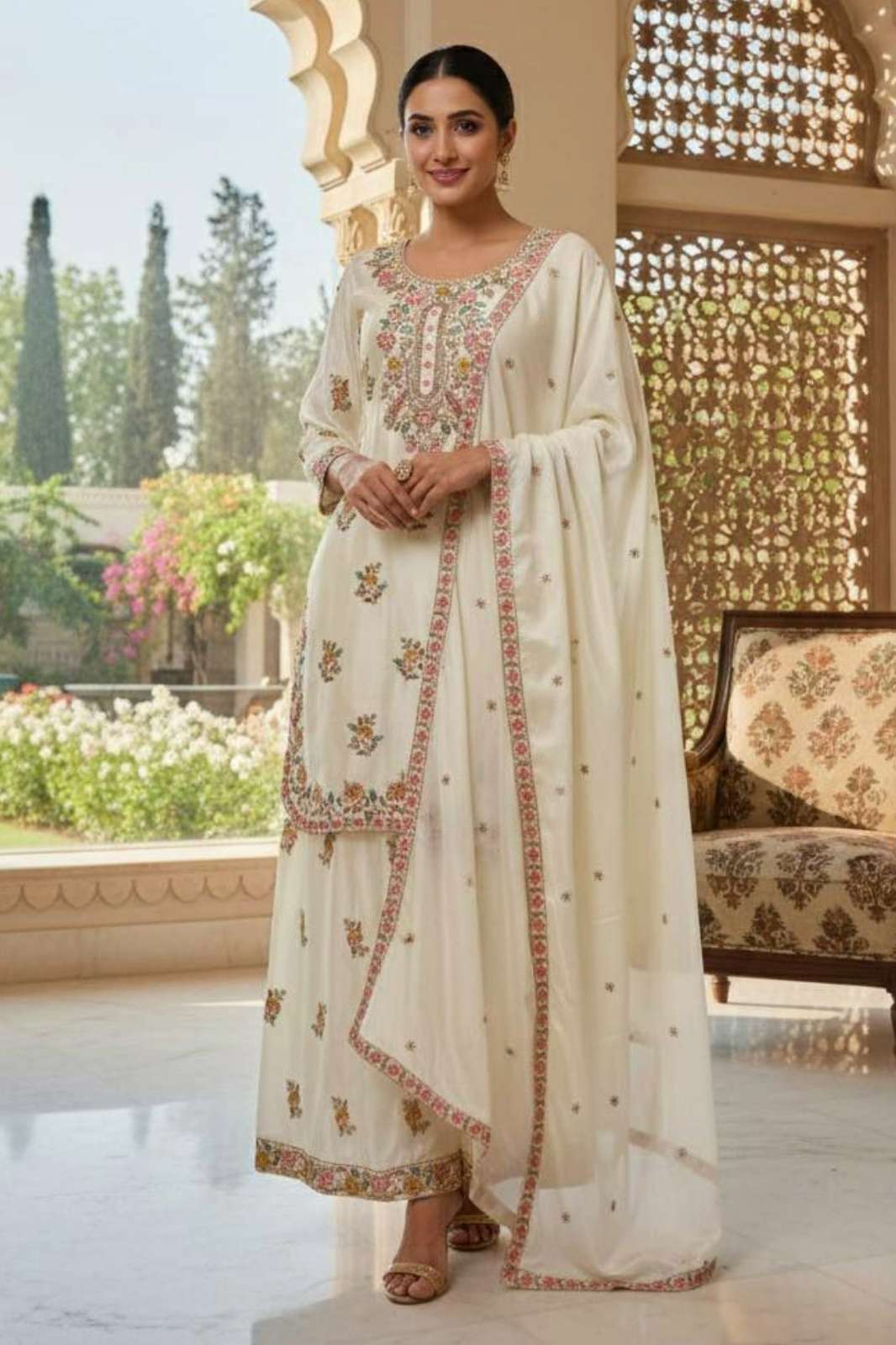 SHRI BALAJI DV 25462 Ready to wear HEAVY CHINON SILK EMBROIDERY SEQUENCE WORKED Plazzo Suit 