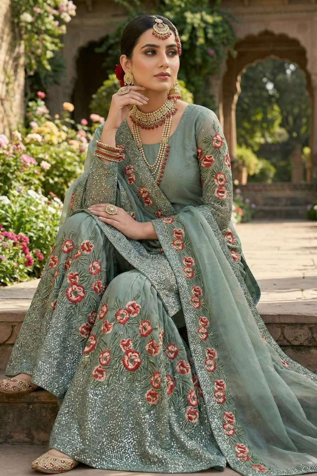 SHRI BALAJI DV 25467 Ready to wear FENDI SILK HAND EMBROIDERY SEQUENCE WORKED SHARARA SUIT 