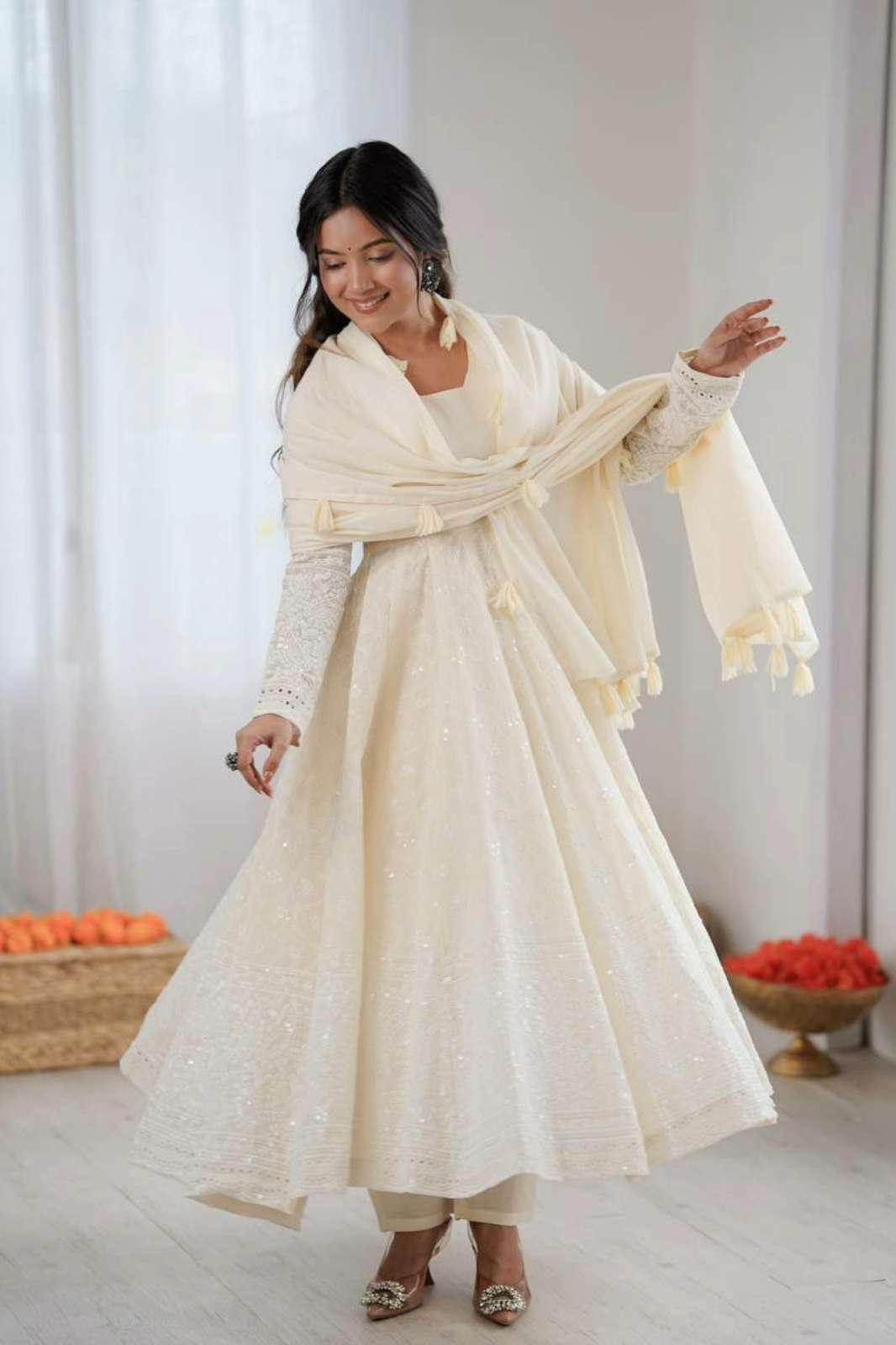 SHRI BALAJI DV 25468 Ready to wear Pure Kora Cotton Schiffli Work Anarkali suit 