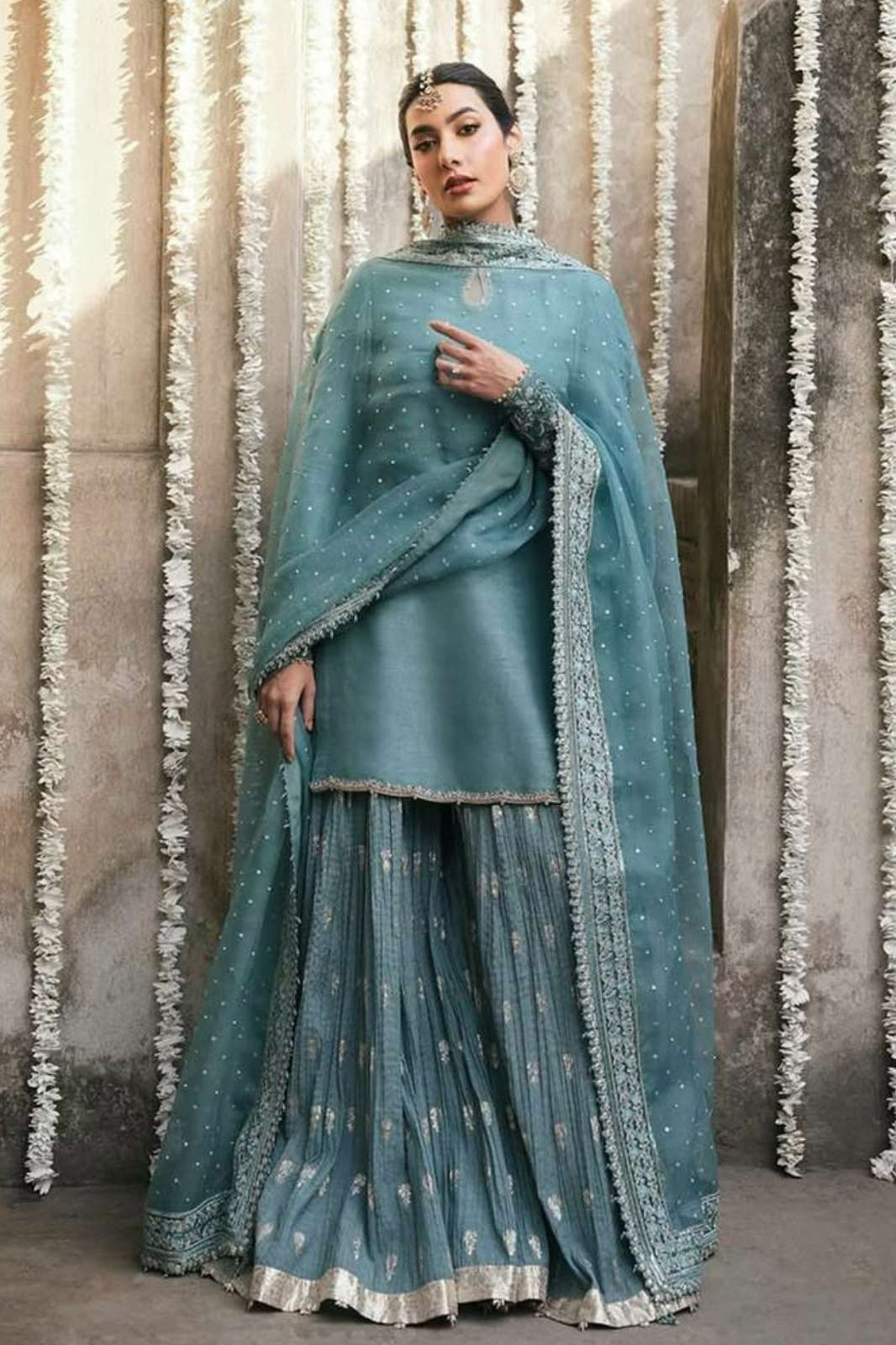 SHRI BALAJI DV 25473 FUAX GEORGETTE HEAVY EMBROIDERY SEQUENCE WORK PLAZZO SUIT WITH PEARL MOTI HANDWORK