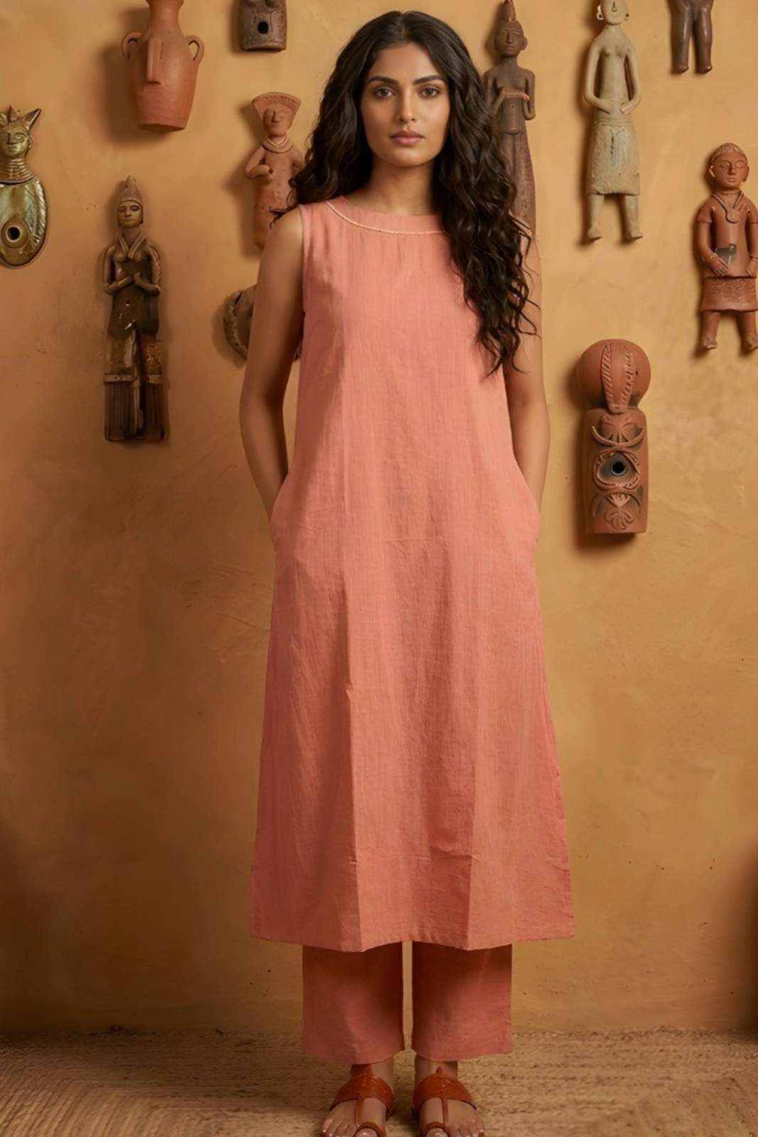 Shri Balaji Emporium 2014  Peach soft Cotton Solid Kurta Palazzo set