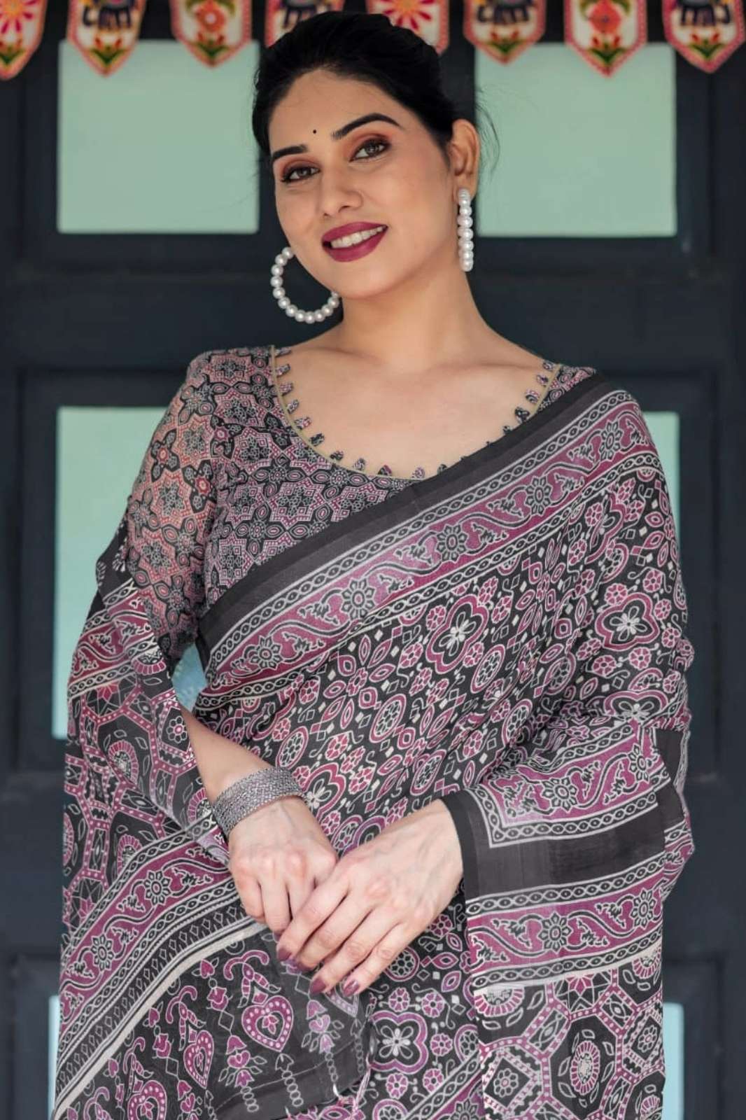 Shri Balaji Emporium 20851 Ajrakh Printed Elegant Linen Cotton Saree for resellers