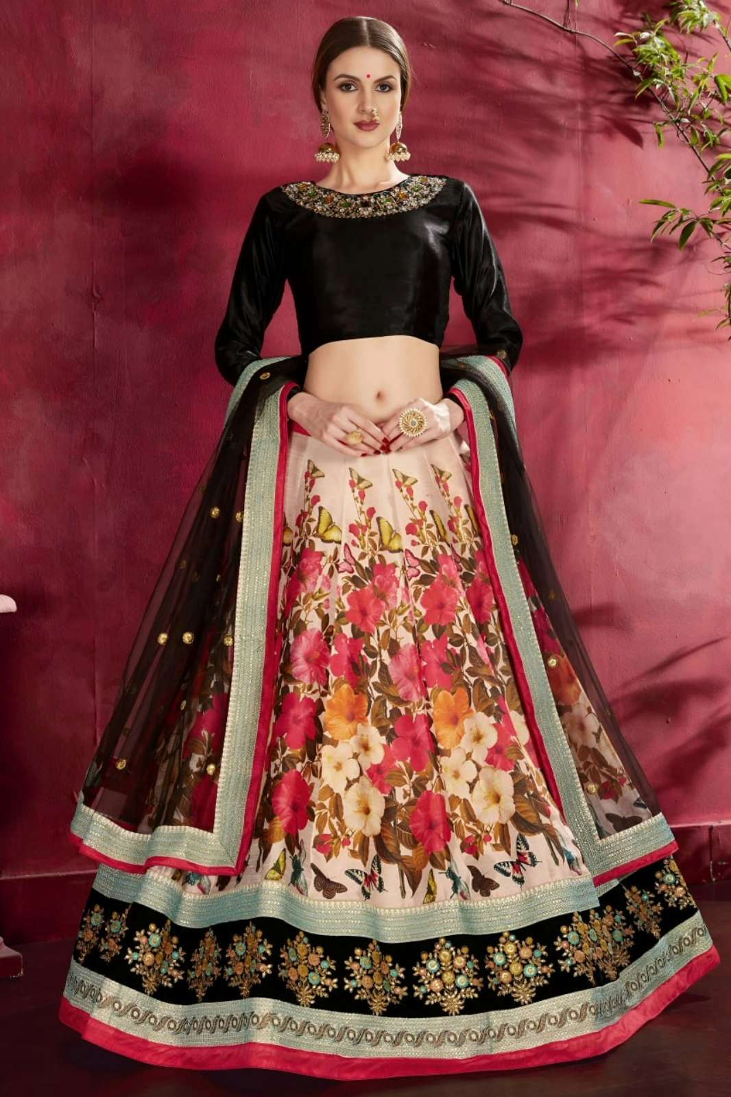 Shri Balaji Emporium 7506 Tropical Floral Lehenga with Black Embellished Blouse