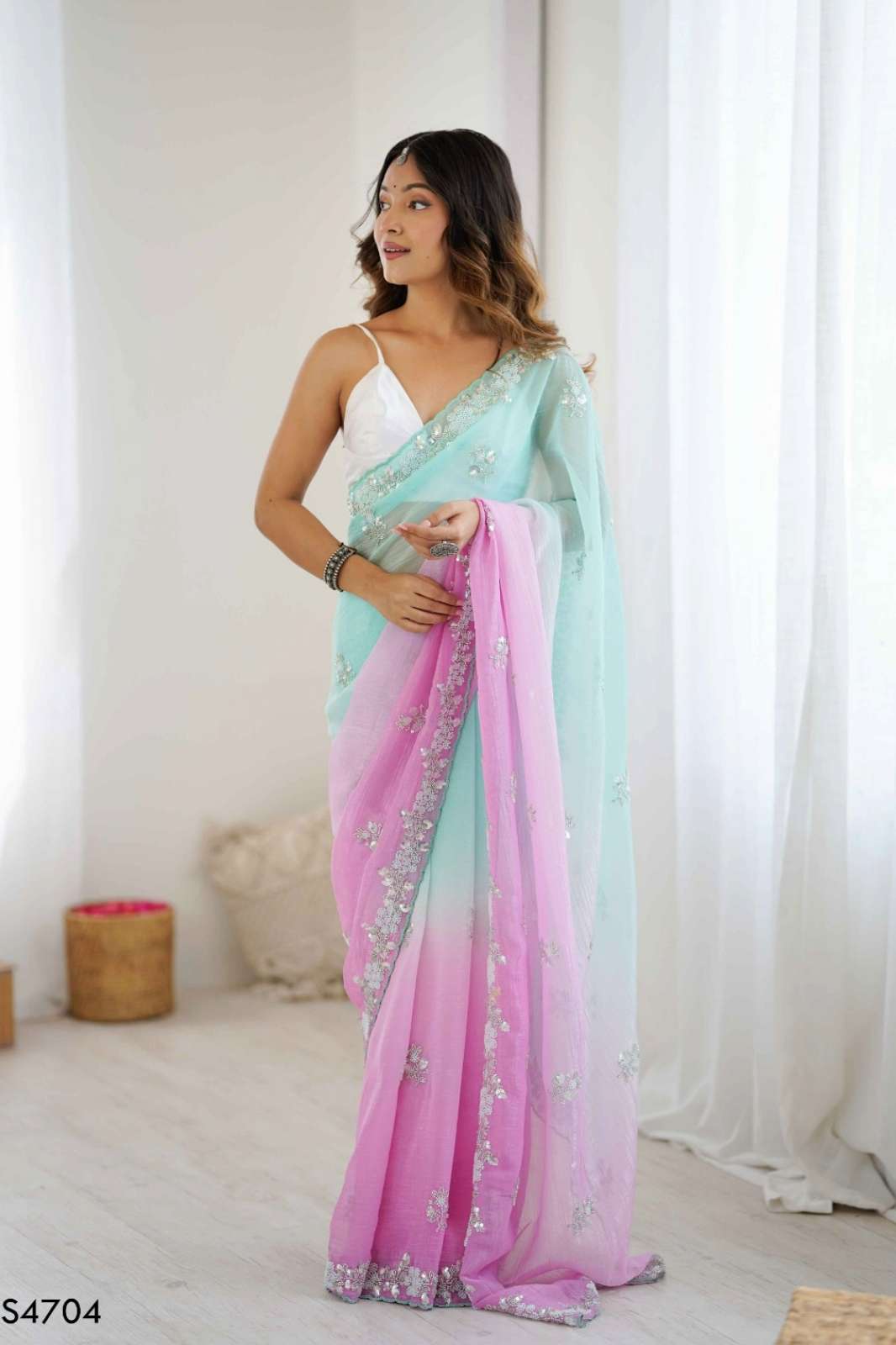 Shri Balaji Emporium AAHELI Chiffon Crush Sequance Moti Cutdana Work Party wear saree
